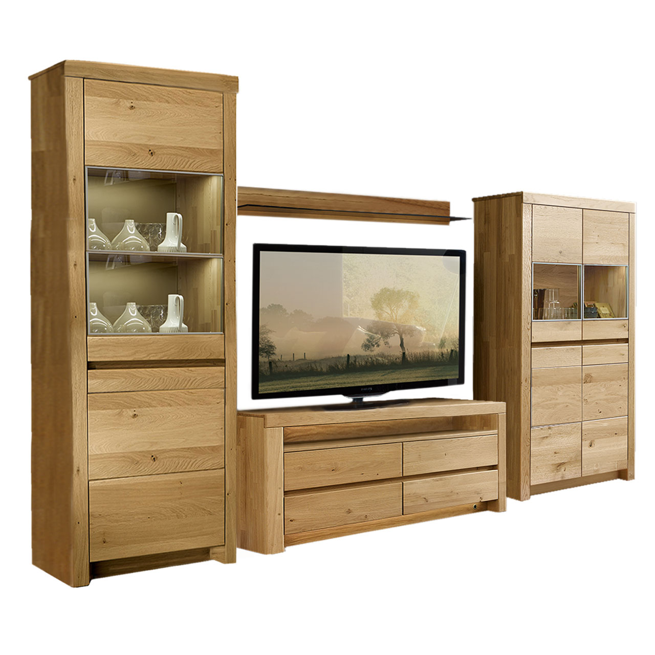 Soleo3000-Wohnkombi-Type-3005-WILDEICHE SOLEO 3000 - Wohnwand 3005 in Wildeiche, bestehend aus einem Lowboard, Highboard mit zwei Vitrinenfächern und eine hohem Schrank ebenfalls mit zwei Vitrinenfächer im oberen Teil des Schrankes.
