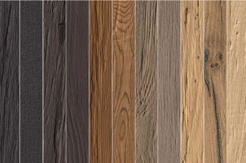 Materialien Musterkachel Hier werden Sie direkt zur Übersicht mit den unterschiedlichen Materialien weitergeleitet. Bild zeigt verschiedene Holz-Kachel mit Holzstruktur von hellen bis warmen Brauntöne.