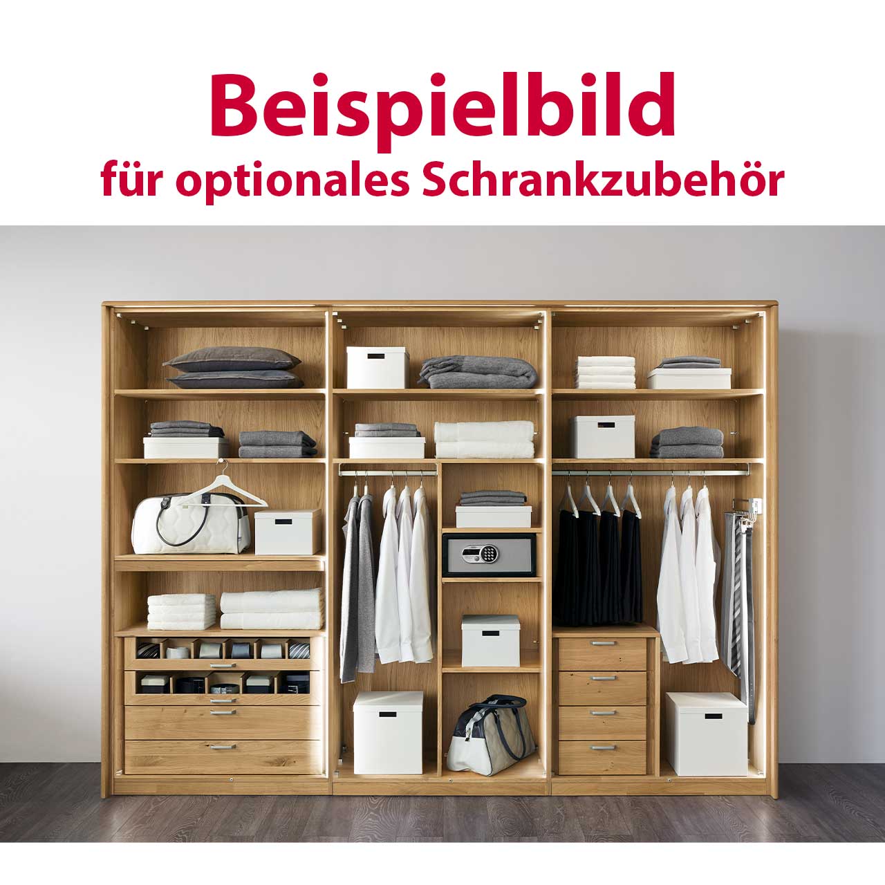 Offener Kleiderschrank Offener Kleiderschrank, gezeigt werden die Möglichkeiten der Inneneinteilungen sowie: Schubkästen, Glasschubkästen, zusätzliche Einlegeböden, Hosenauszug...