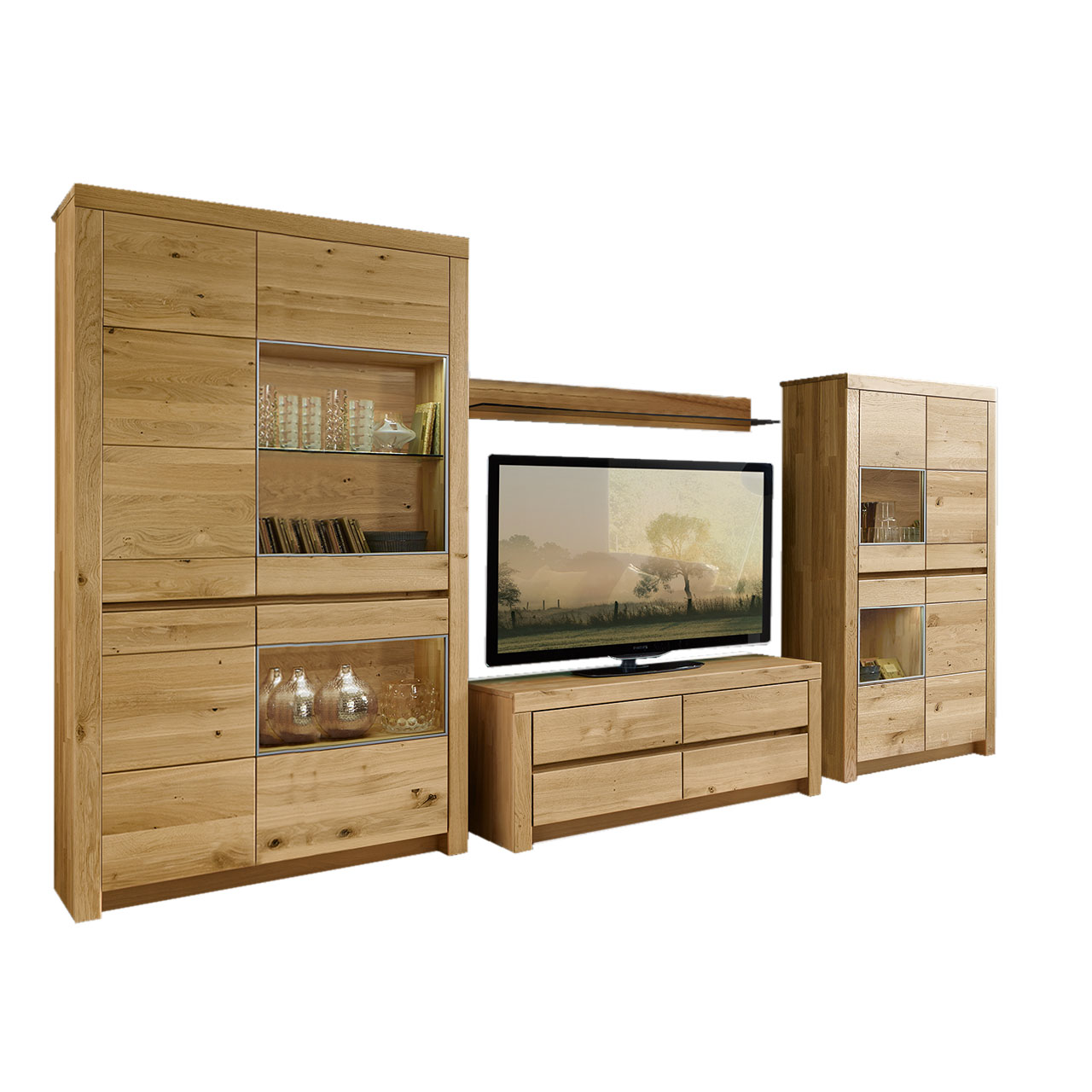 Soleo3000-Wohnkombi-Type-3103-WILDEICHE Wohnwand in massiver Wildeiche Type 3103 mit ein Lowboard, ein Zeilenschrank und einem Highboard bestehend aus 4 Türen mit zwei Vitrinenfächern untereinander angeordnet