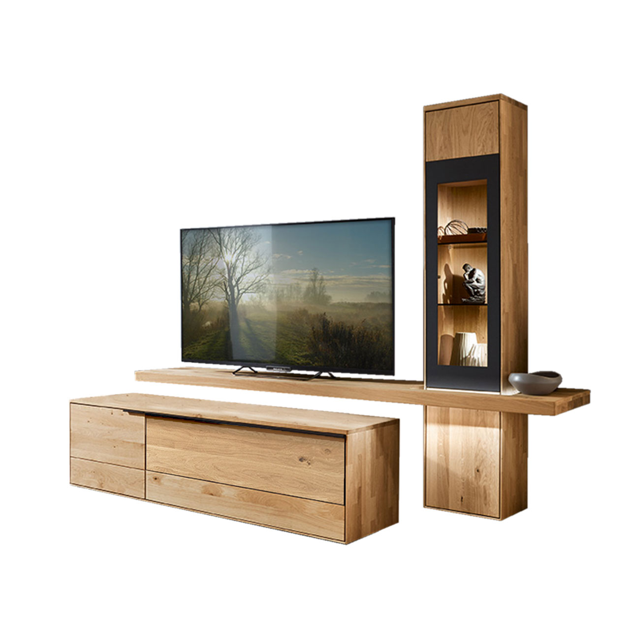 WM 1910 Wohnzimmer Type 0003G Wohnzimmer Type 0003G bestehend aus einem TV-Hängeelement als Vitrine in Wildeiche und einem mittig angebrachten Board für den Fernseher, kombiniert mit einem Lowboard in Wildeiche.