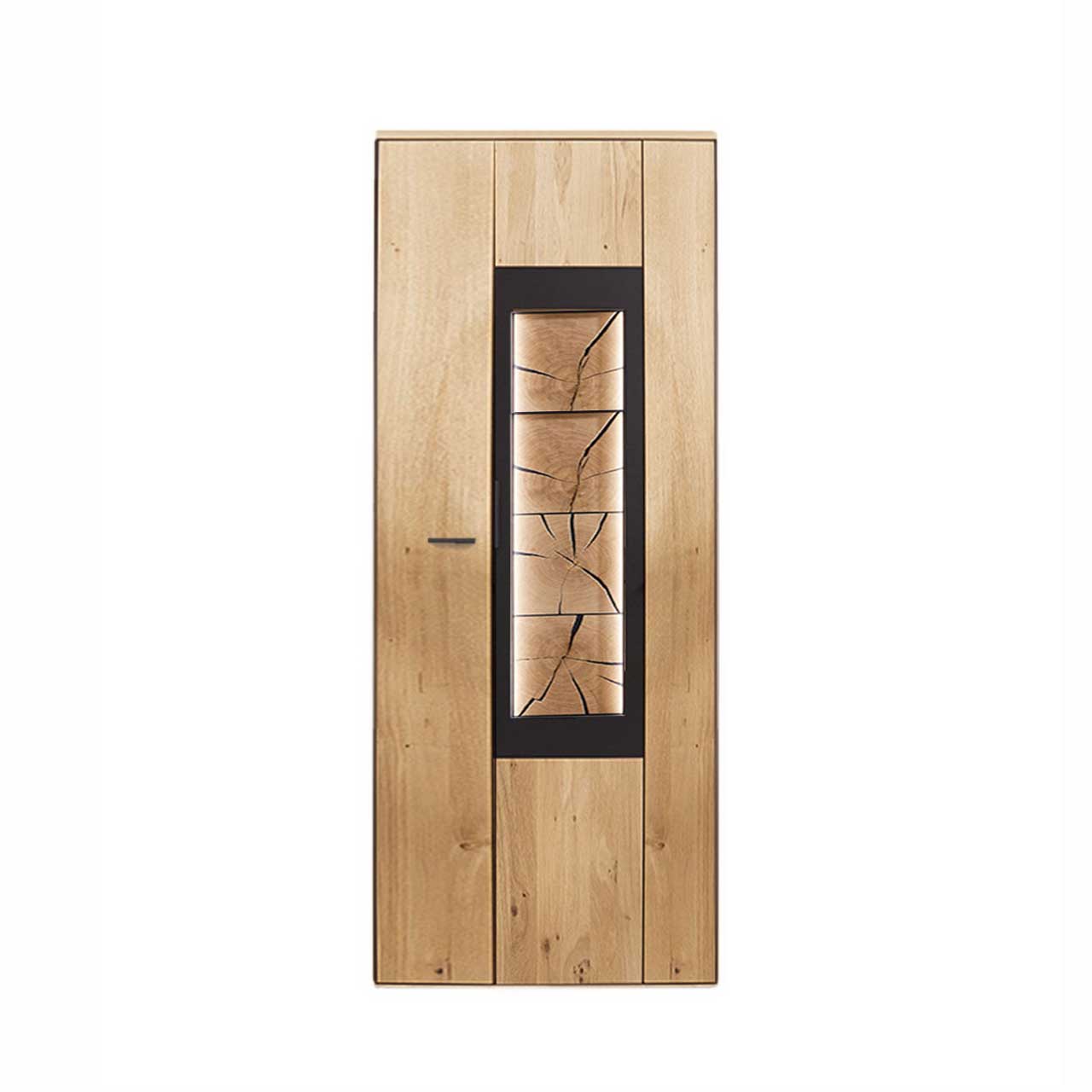 WM-1910-6854 Moderner Zeilenschrank aus Wildeiche mit mittig abgesetzten Akzent mit carbonfarbigen Metallrahmen und Hirnholz.