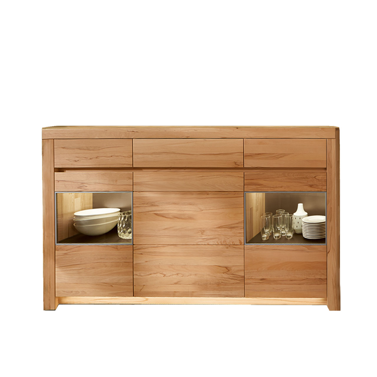 Soleo-3000-Sideboard-3940-freisteller-kernbuche Sideboard in massiver Kernbuche Type 3940 mit drei Schubkästen und zwei Holztüren mittig, zwei Türen mit Vitrinenfach.
