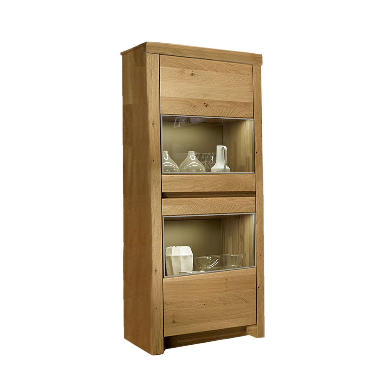 Soleo-3000-Zeilenschrank-47034-freigestellt-Wildeiche SOLEO 3000 schmaler Zeilenschrank Type 4703 in massiver Wildeiche, mit zwei Holztüren mit jeweiligen Vitrinenfach, untereinander angeordnet, es sind 3 Einlegeböden inklusive.