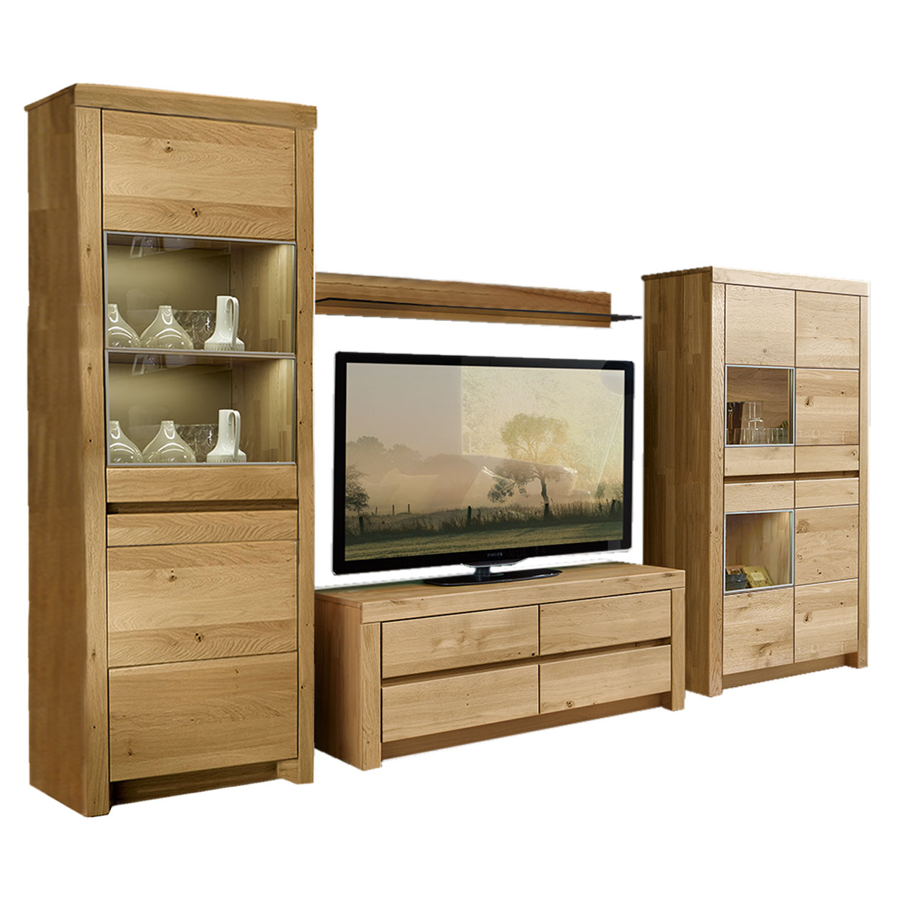 Soleo3000-Wohnkombi-Type-3004-WILDEICHE SOLEO 3000 - Wohnwand 3004 in Wildeiche, bestehend aus einem Lowboard, Highboard mit zwei Vitrinenfächern und eine hohem Schrank ebenfalls mit zwei Vitrinenfächer im oberen Teil des Schrankes.