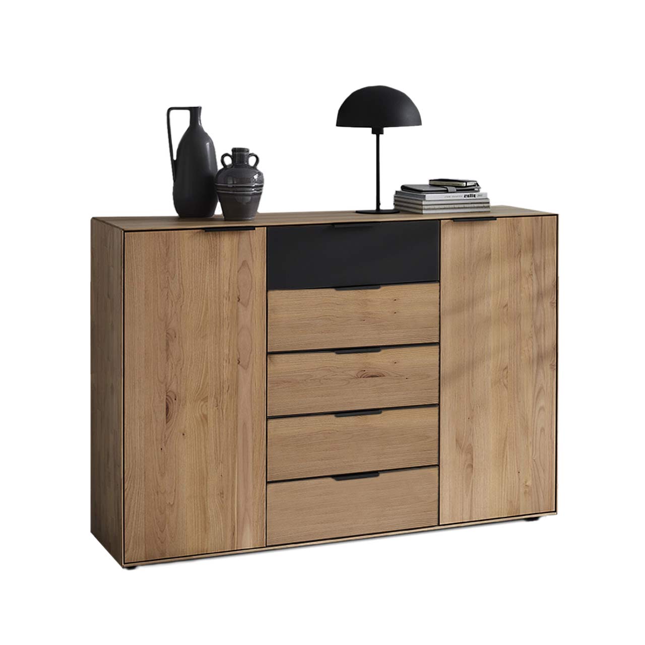 WSM 4400 Kommode 3150MG1 WSM 4400 Kommode mit fünf Schubkästen und 2 Türen in Wildeiche und Glas Akzent an der oberen Schublade Type 3150MG1