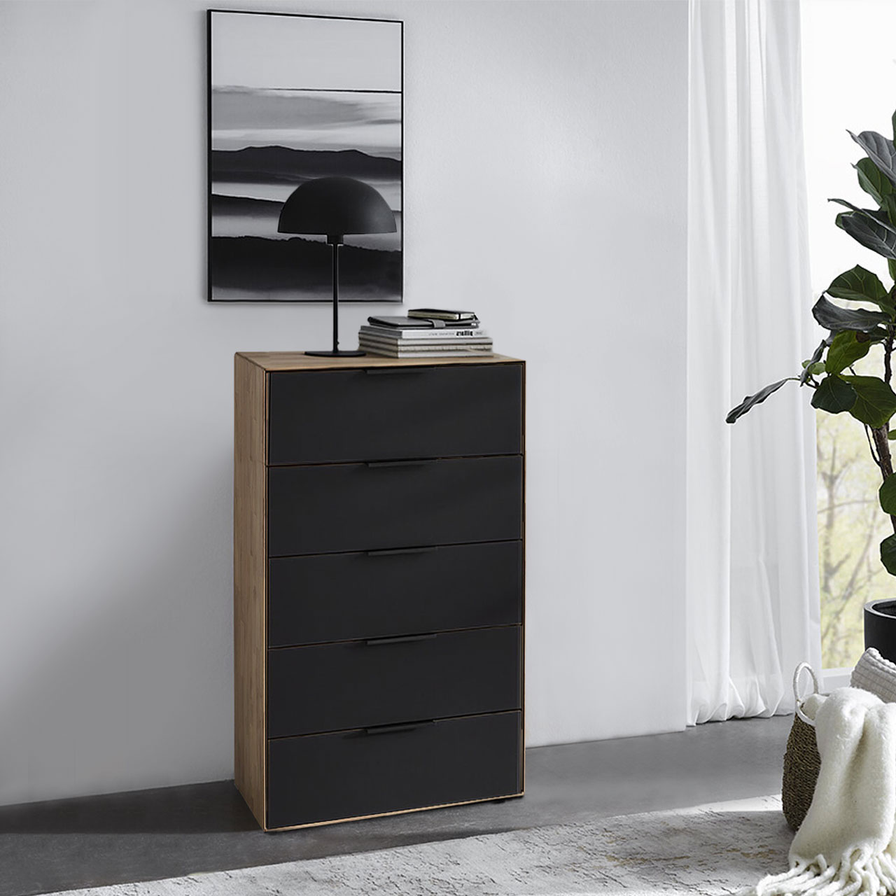 WSM 4400 Kommode mit fünf Schubkästen in Wildeiche und Glas Akzent an allen Schublade Type 3652MG1