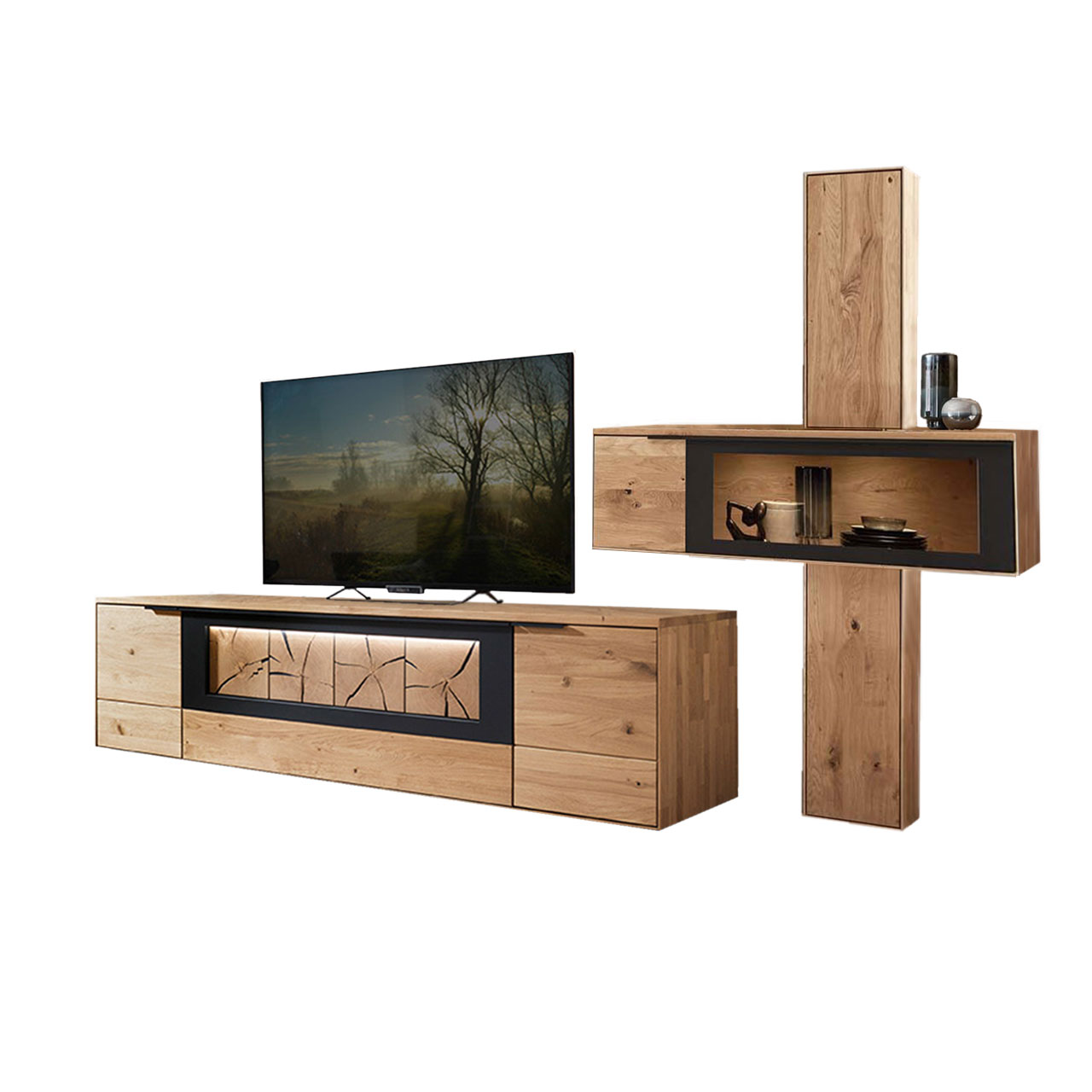WM 1910 Wohnzimmer Type 0011G Wohnzimmer Type 0011G, aus 1 Hängeelement als Zweiteiler ein oberes und ein unteres Element mit Holztüren, kombiniert mit 1 querliegende Hängevitrine und einem Lowboard mit Hirnholz Akzent.