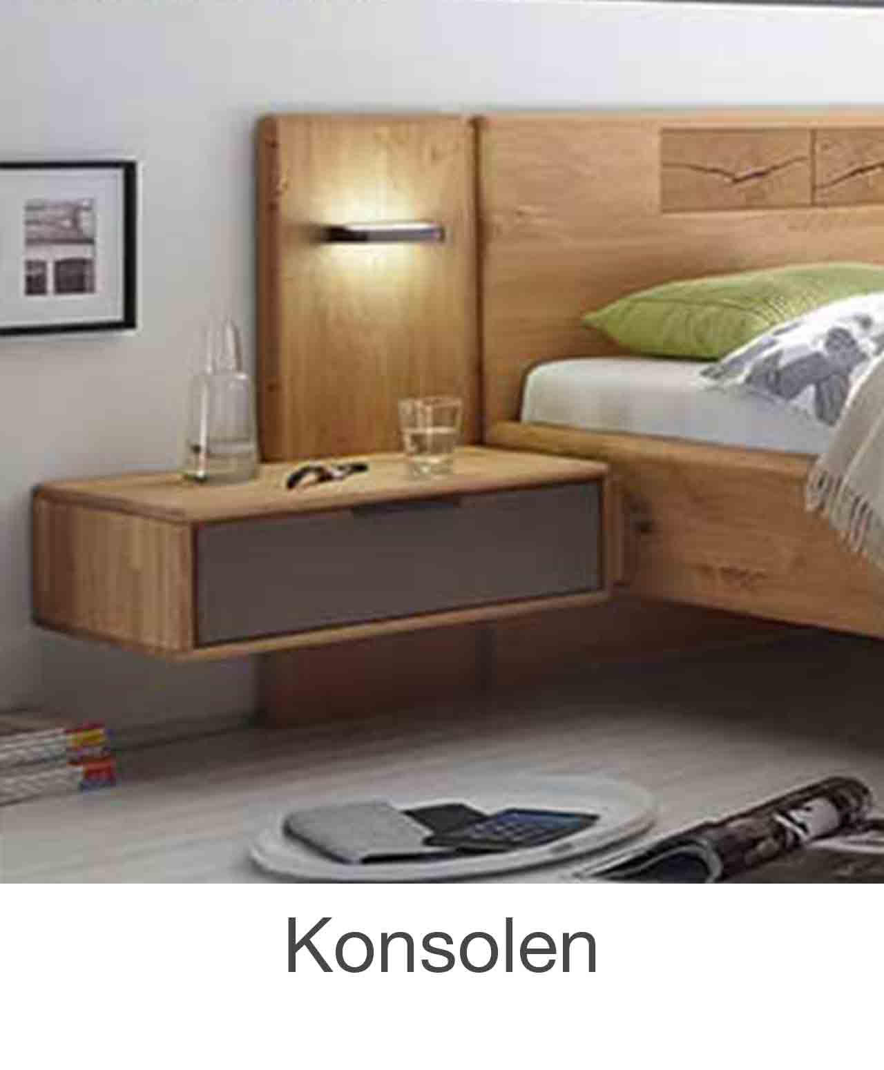 Konsolen WSM 1600 Konsolen Korpus in Wildeiche massiv und Fronten in Mattglas cubanit oder Magnolie Akzent in zwei breiten.