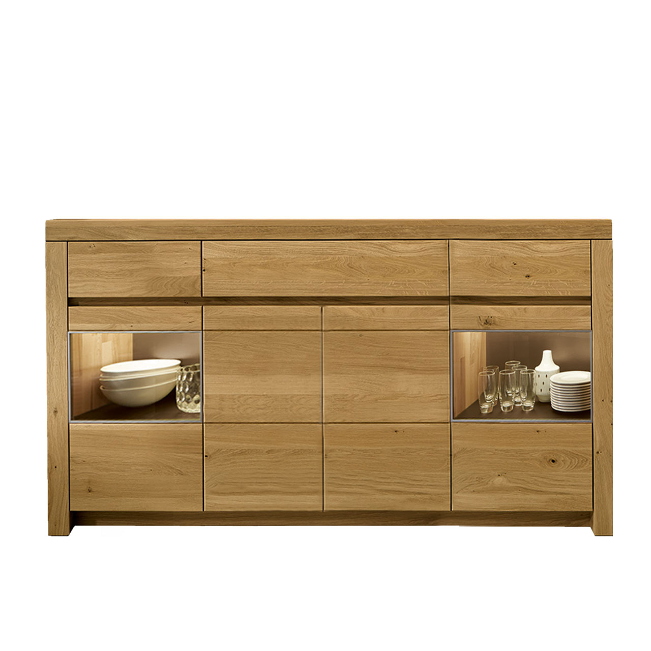 Soleo-3000-Sideboard-3140-freisteller-wildeiche Sideboard in massiver Wildeiche Type 3140 mit drei Schubkästen und zwei Holztüren mittig, zwei Türen mit Vitrinenfach.
