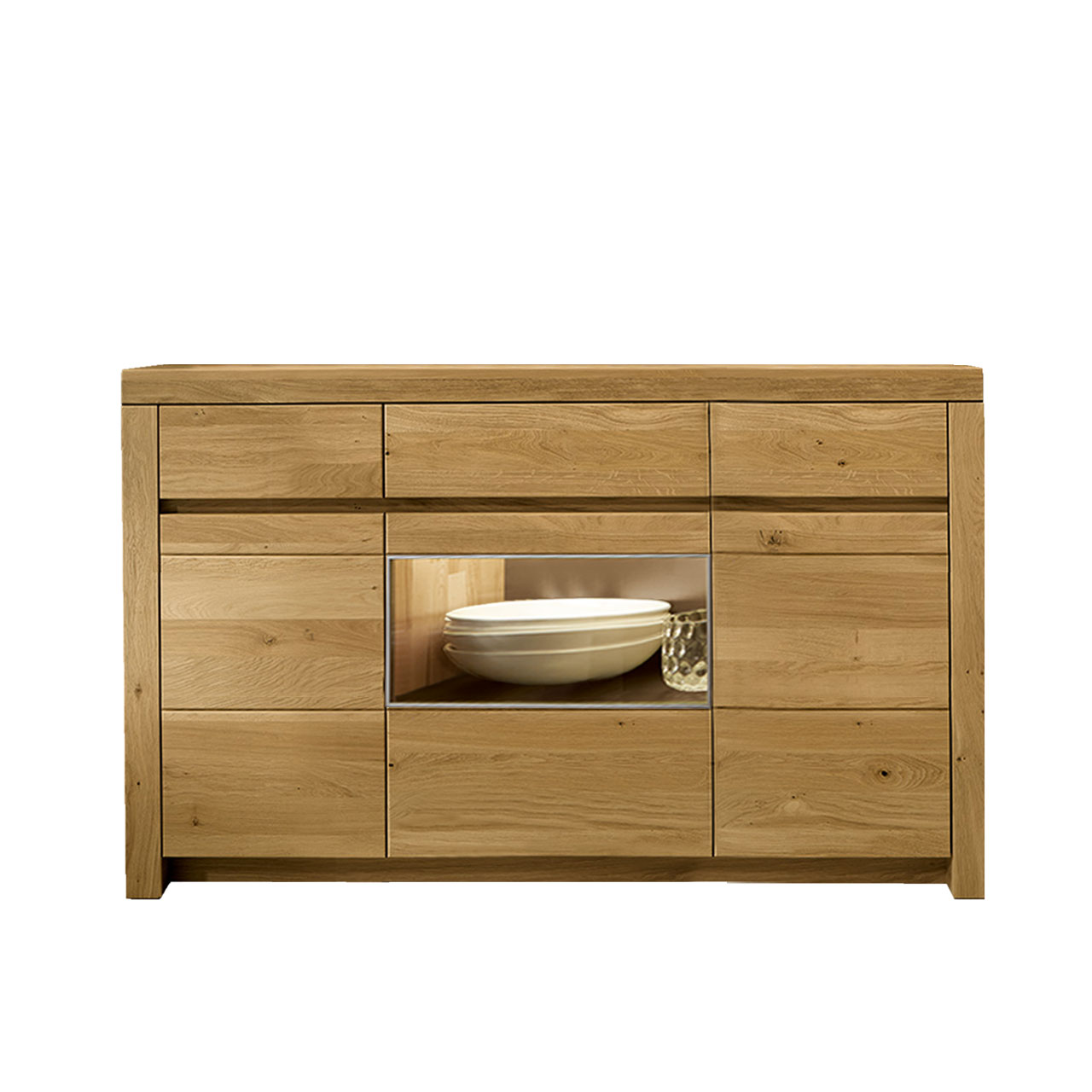 Soleo-3000-Sideboard-3540-freisteller-wildeiche Sideboard in massiver Wildeiche Type 3540 mit drei Schubkästen und zwei Holztüren aussen, zwei Türen mit Vitrinenfach mittig.