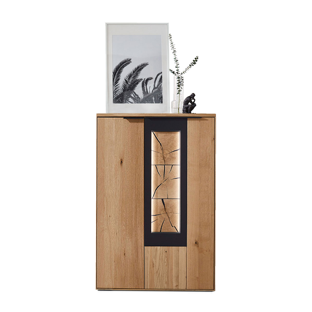 WM-1910-Highboard-4853 Modernes Highboard aus Wildeiche mit rechtem abgesetzten Akzent mit carbonfarbigen Metallrahmen und Hirnholz.