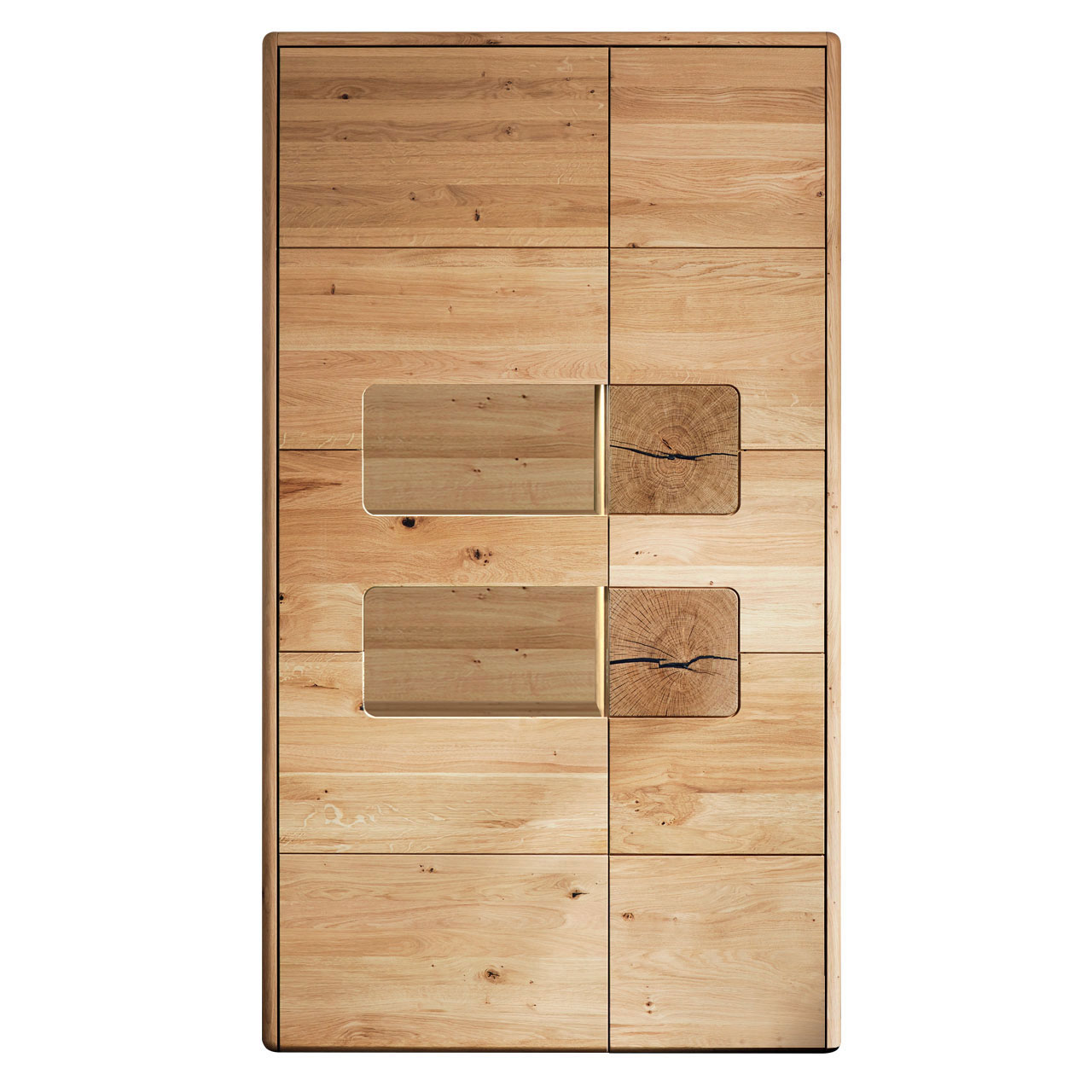 WM-solento-zeilenschrank-type-5143-1 SOLENTO - Zeilenschrank Type 5143, mit Hirnholz, Wildeiche Akzent als Rückwand im Vitrienenfach, ausgestattet mit zwei Türen und neun Einlegeböden.