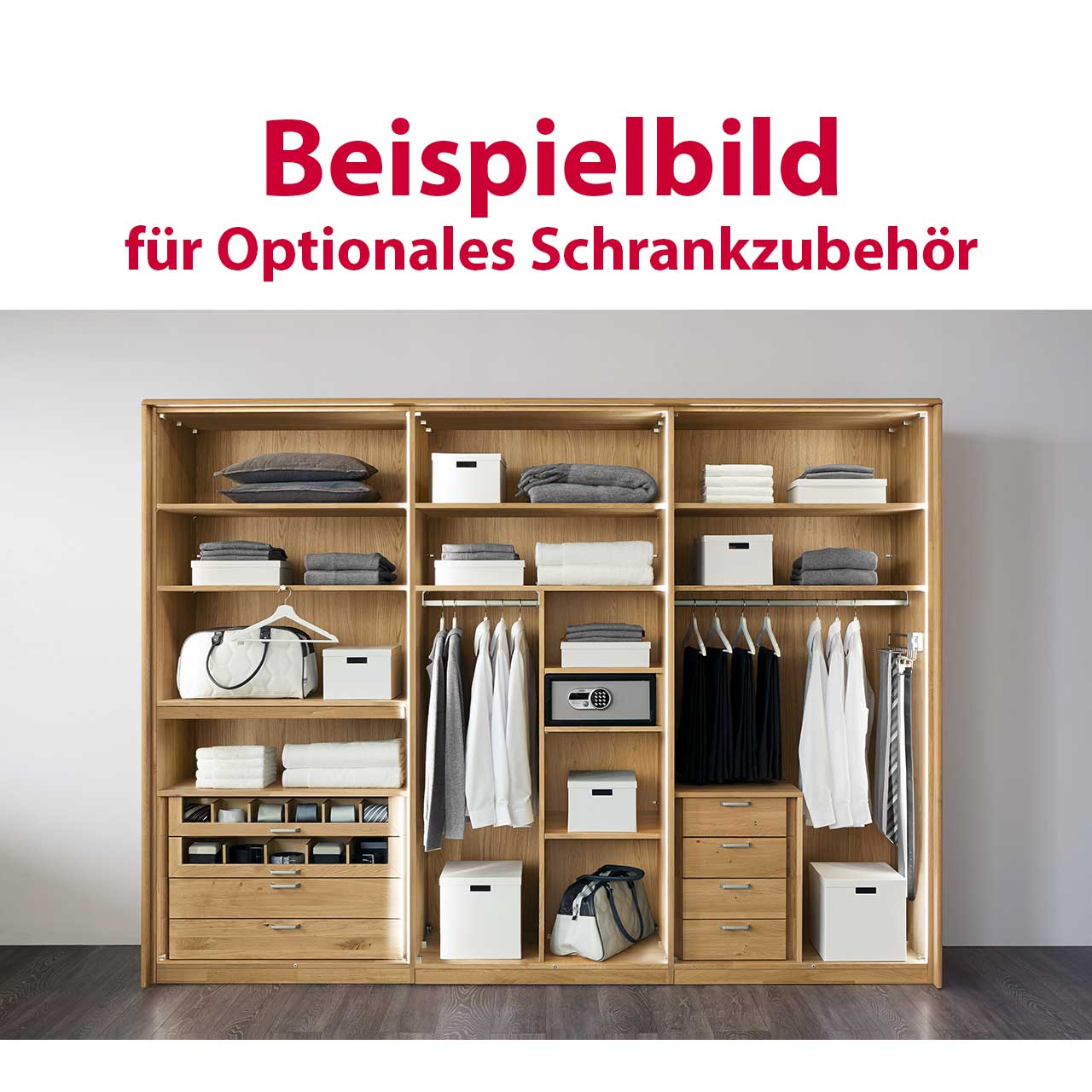 Offener Kleiderschrank Offener Kleiderschrank, gezeigt werden die Möglichkeiten der Inneneinteilungen sowie: Schubkästen, Glasschubkästen, zusätzliche Einlegeböden, Hosenauszug...