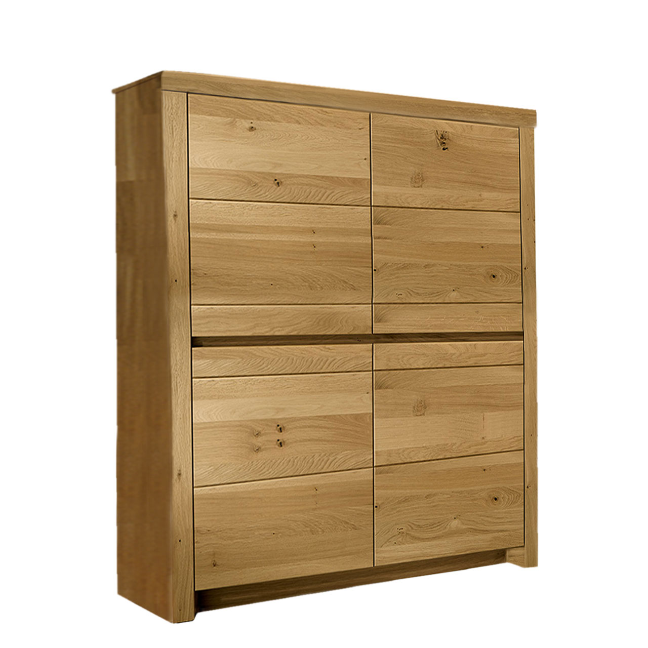SOLEO 3000 Zeilenschrank Type 4350 in massiver Wildeiche, mit zwei unteren Holztüren und zwei oberen Türen. Hinter den Türen sind 6 Einlegeböden inklusive.