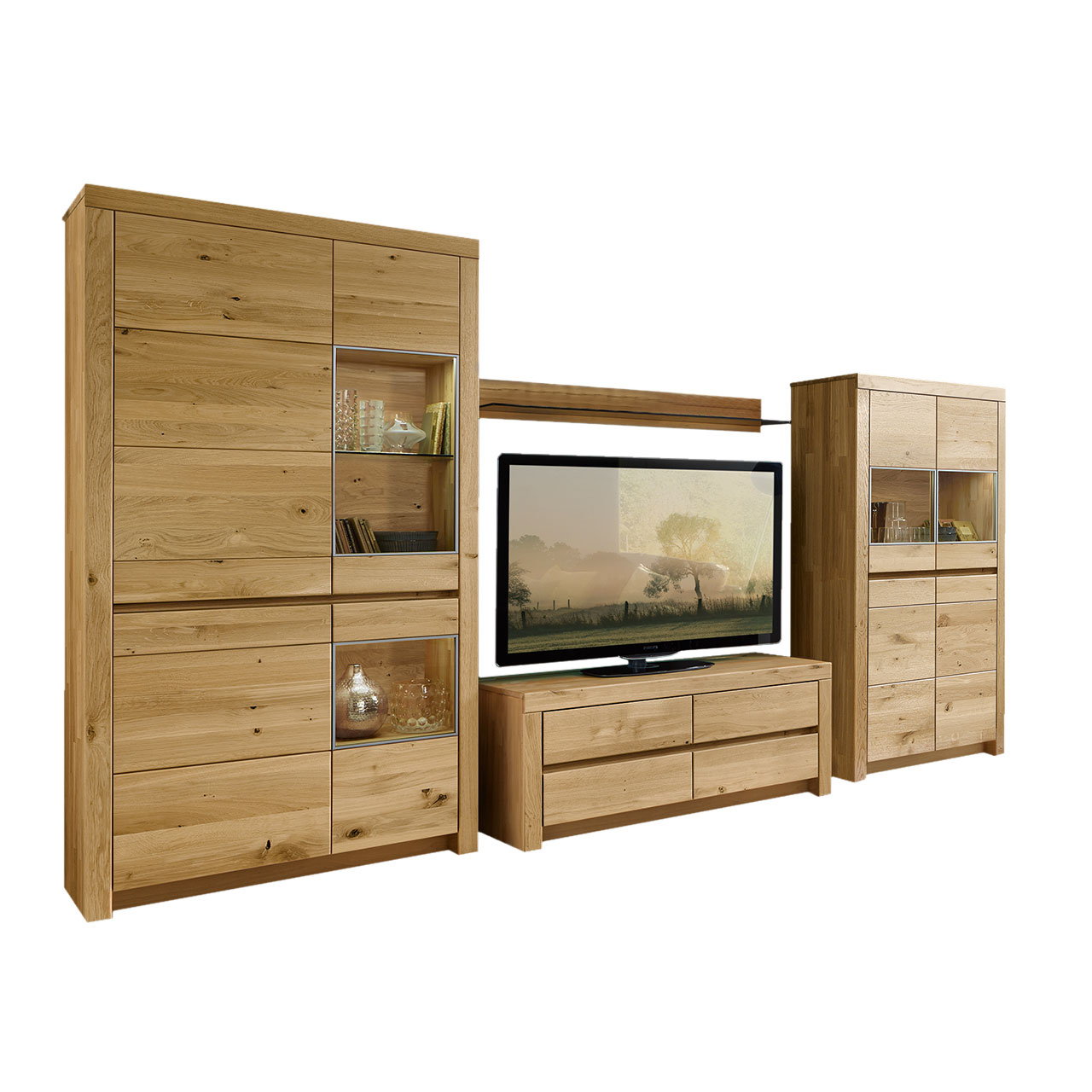 Soleo3000-Wohnkombi-Type-3006-Wildeiche SOLEO 3000 - Wohnwand 3006 in Wildeiche, aus einem Lowboard, Highboard mit zwei Vitrinenfächern nebeneinander angeordnet und eine hohem Schrank, mit zwei Vitrinenfächer im oberen Teil des Schrankes.