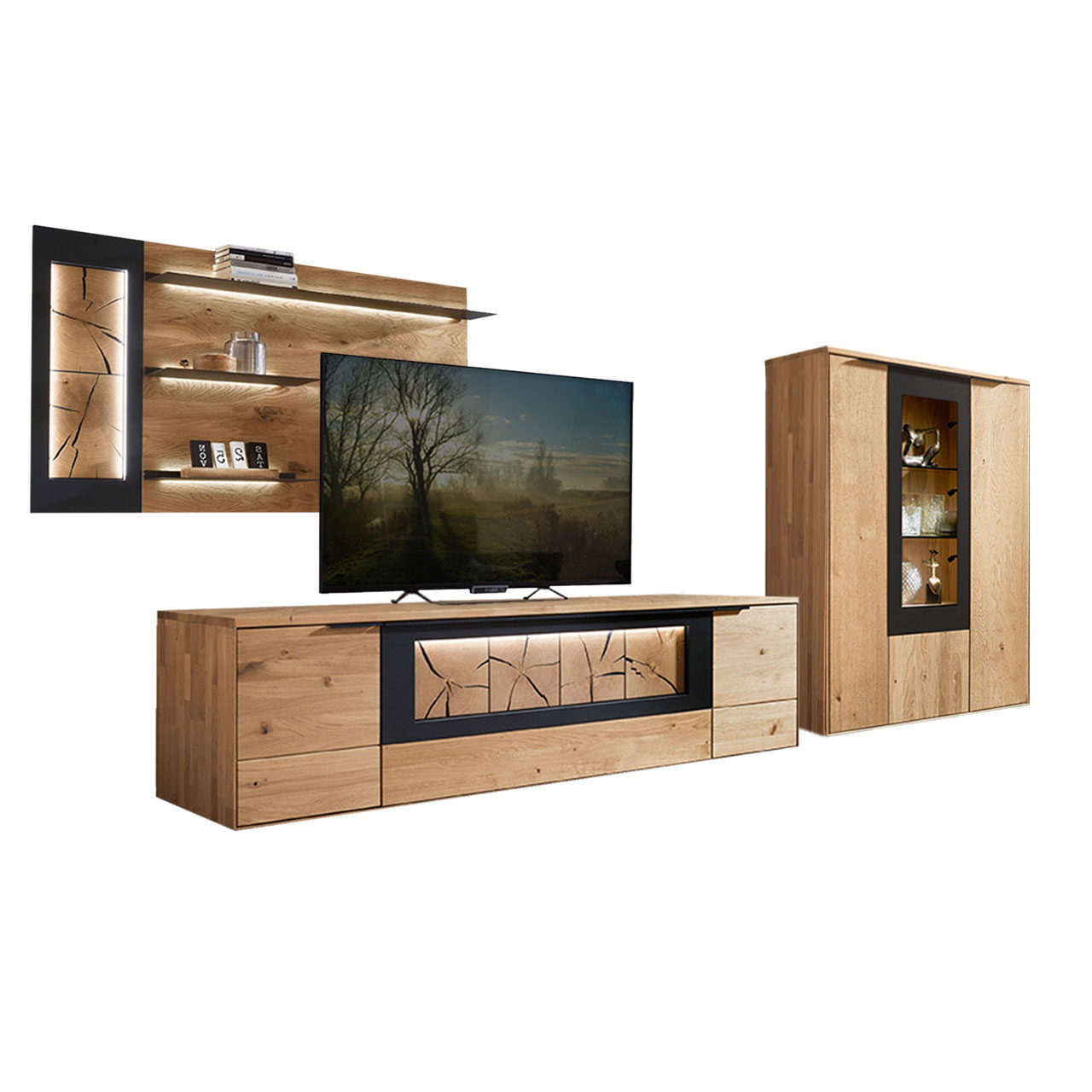 WM 1910 Wohnzimmer Type 0108G Wohnzimmer Type 0108G, bestehend aus einem Highboard mit Vitrinenfach in Wildeiche mit einem carbonfarbigen Metallrahmen, kombiniert mit einem Wandboard und einem Lowboard in Wildeiche und Hirnholz Akzent.