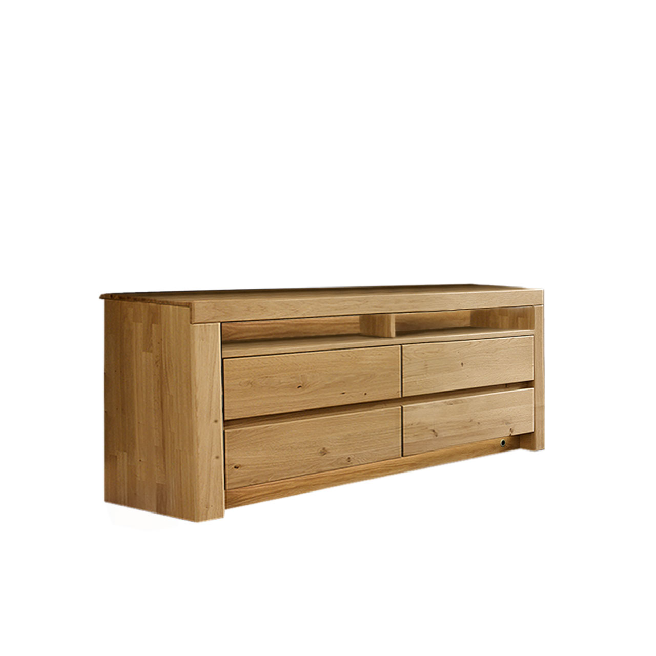 Soleo-3000-Medienschrank-1751-frei-Wildeiche Medienschrank in massiver Wildeiche Type 1751 mit vier Schubkästen zwei offene Fächer.
