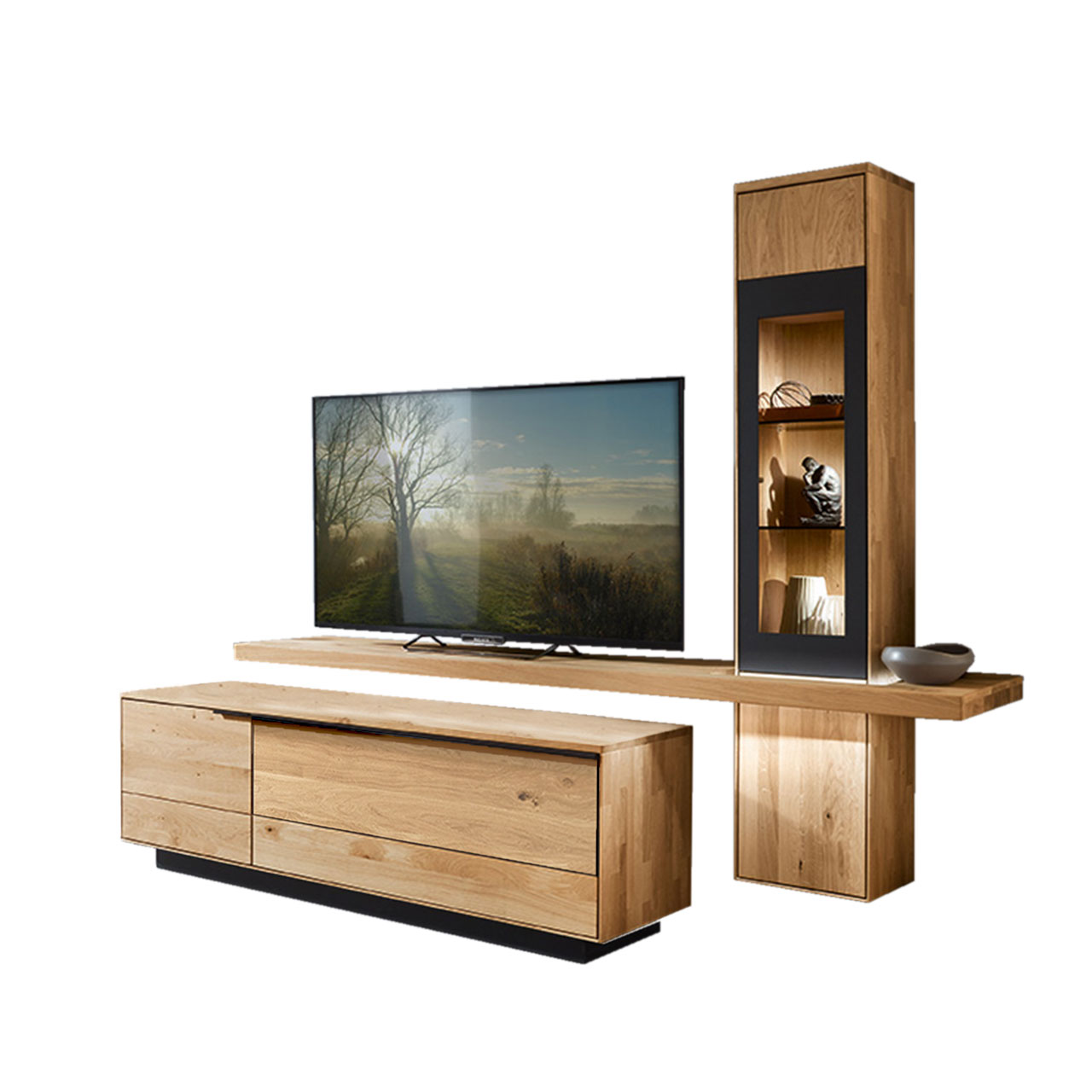 WM 1910 Wohnzimmer Type 0003S Wohnzimmer Type 0003S bestehend aus einem TV-Hängeelement als Vitrine in Wildeiche und einem mittig angebrachten Board für den Fernseher, kombiniert mit einem Lowboard in Wildeiche mit Sockel.