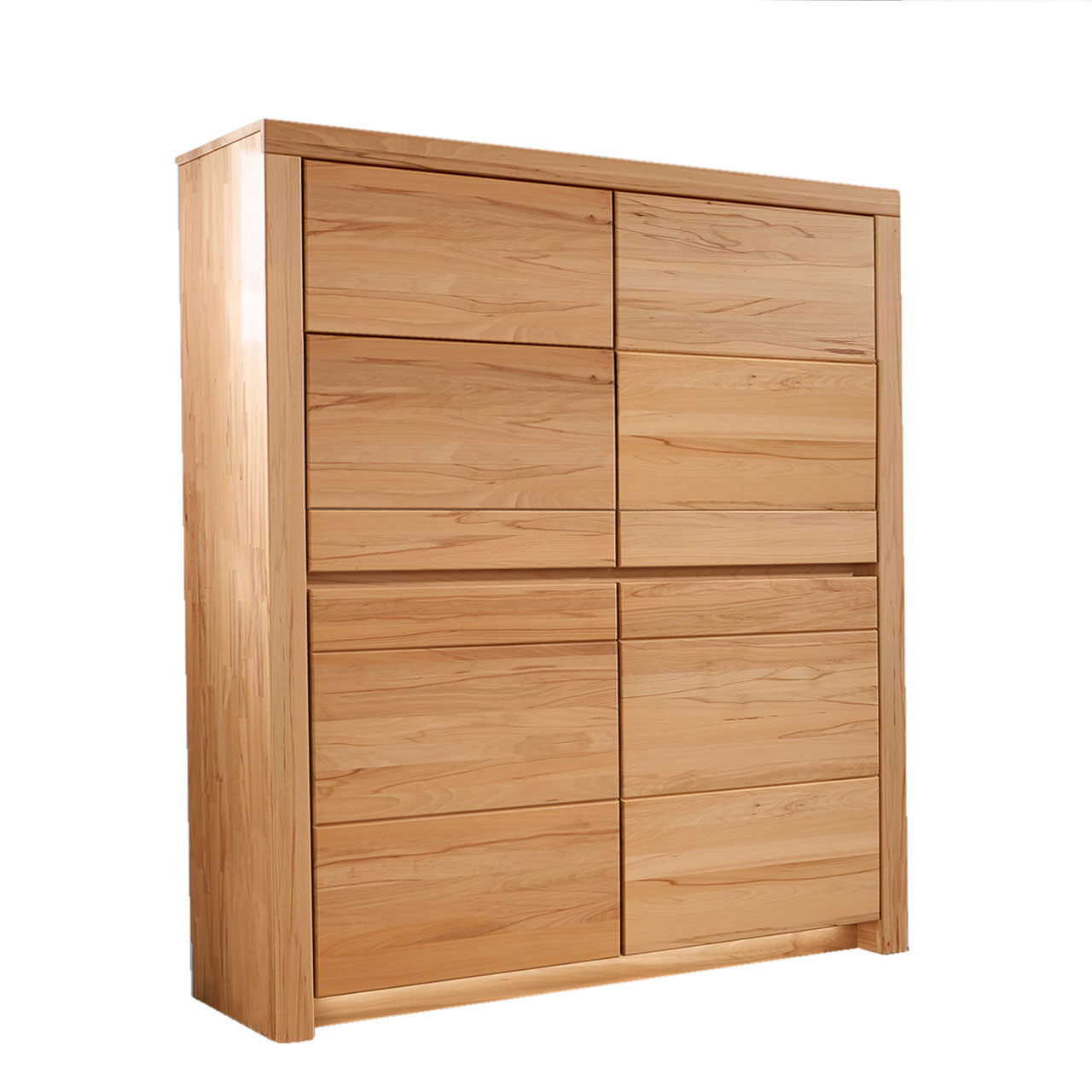 Soleo-3000-Zeilenschrank-4350-freigestellt-Kernbuche SOLEO 3000 Zeilenschrank Type 4350 in massiver Kernbuche, mit zwei unteren Holztüren und zwei oberen Türen. Hinter den Türen sind 6 Einlegeböden inklusive.