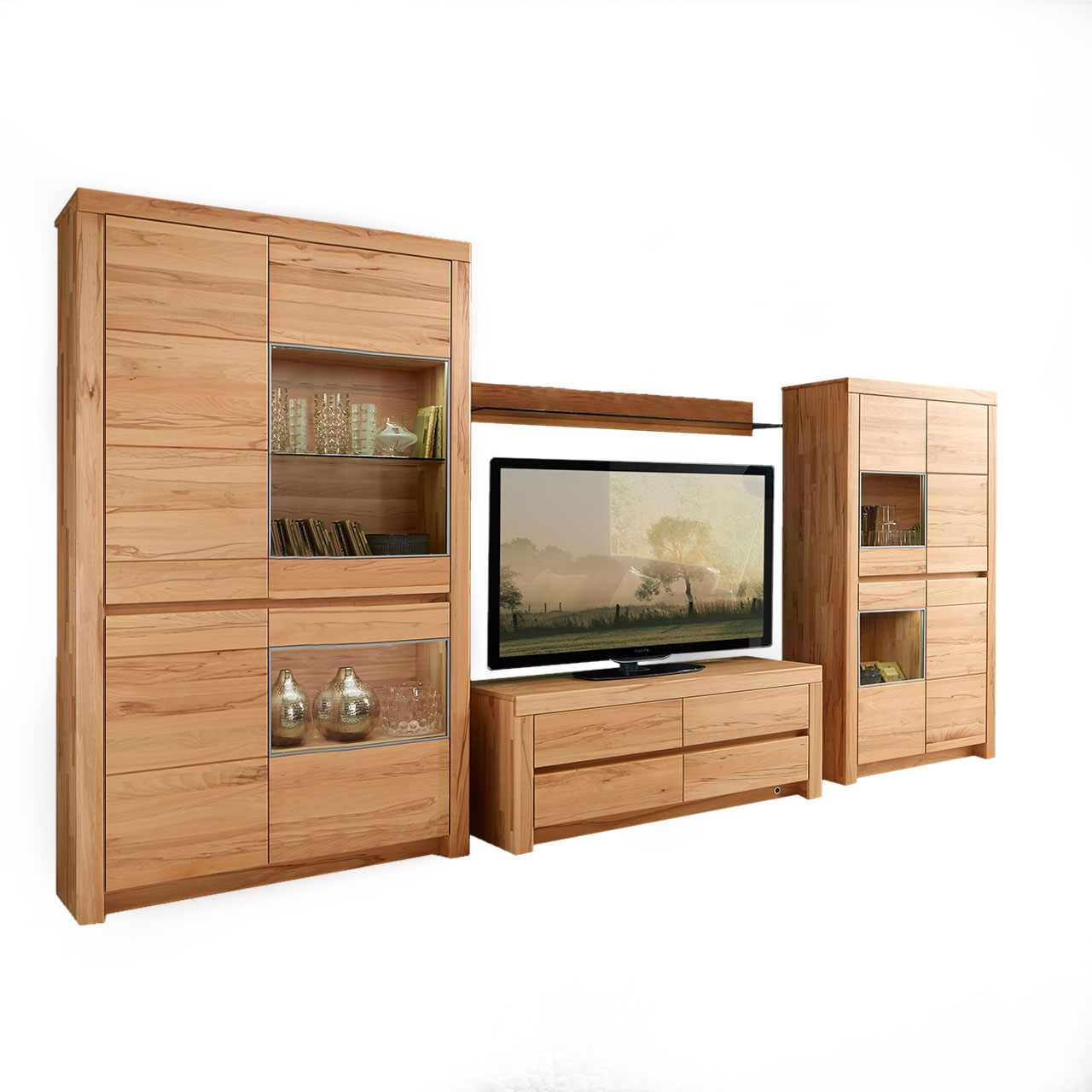 Soleo3000-Wohnkombi-Type-3003-KERNBUCHE SOLEO 3000 - Wohnwand 3003 in Kernbuche, bestehend aus einem Lowboard, Highboard mit zwei Vitrinenfächern und eine hohem Schrank ebenfalls mit zwei Vitrinenfächern im oberen Teil des Schrankes.