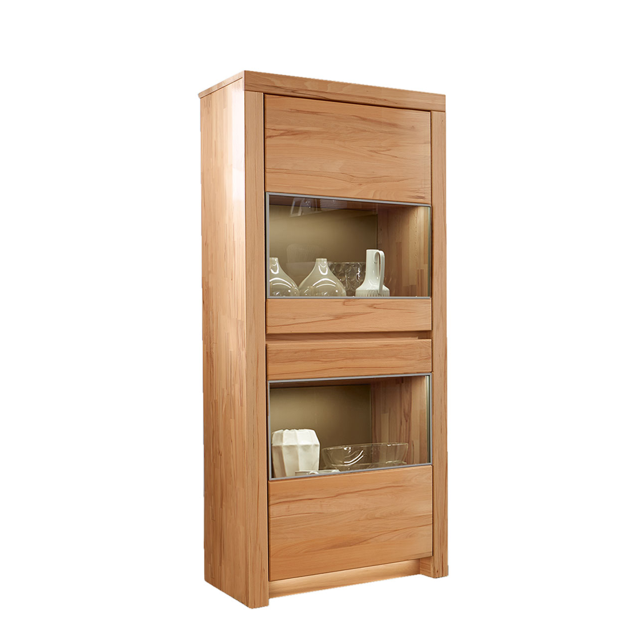 Soleo-3000-Zeilenschrank-47034-freigestellt-Kernbuche SOLEO 3000 schmaler Zeilenschrank Type 4703 in massiver Kernbuche, mit zwei Holztüren mit jeweiligen Vitrinenfach, untereinander angeordnet, es sind 3 Einlegeböden inklusive