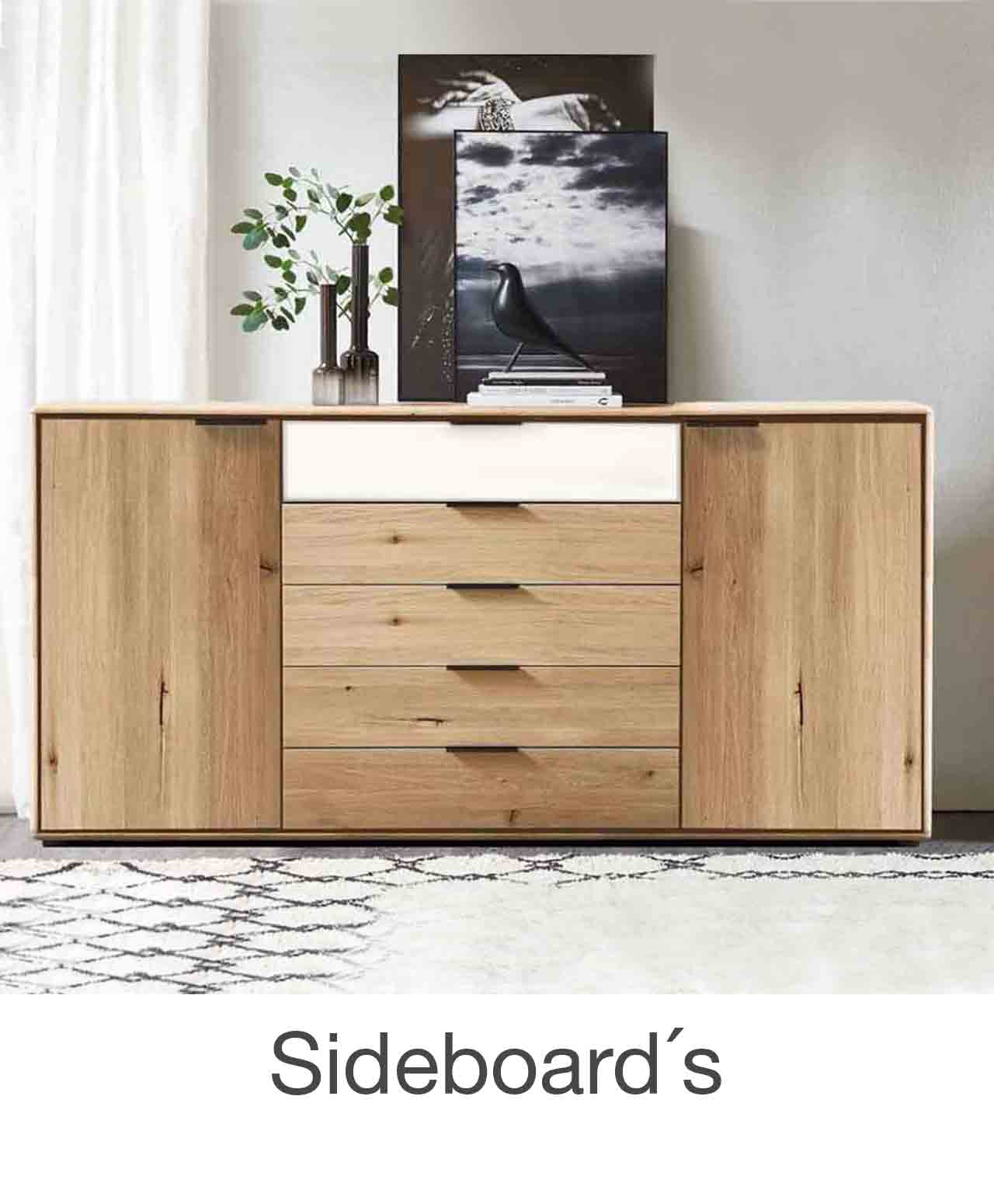 Sideboard WSM 1600 Sideboard in Wildeiche massiv und Fronten in Mattglas cubanit oder Magnolie Akzent in verschiedenen breiten und Aufteilungen.