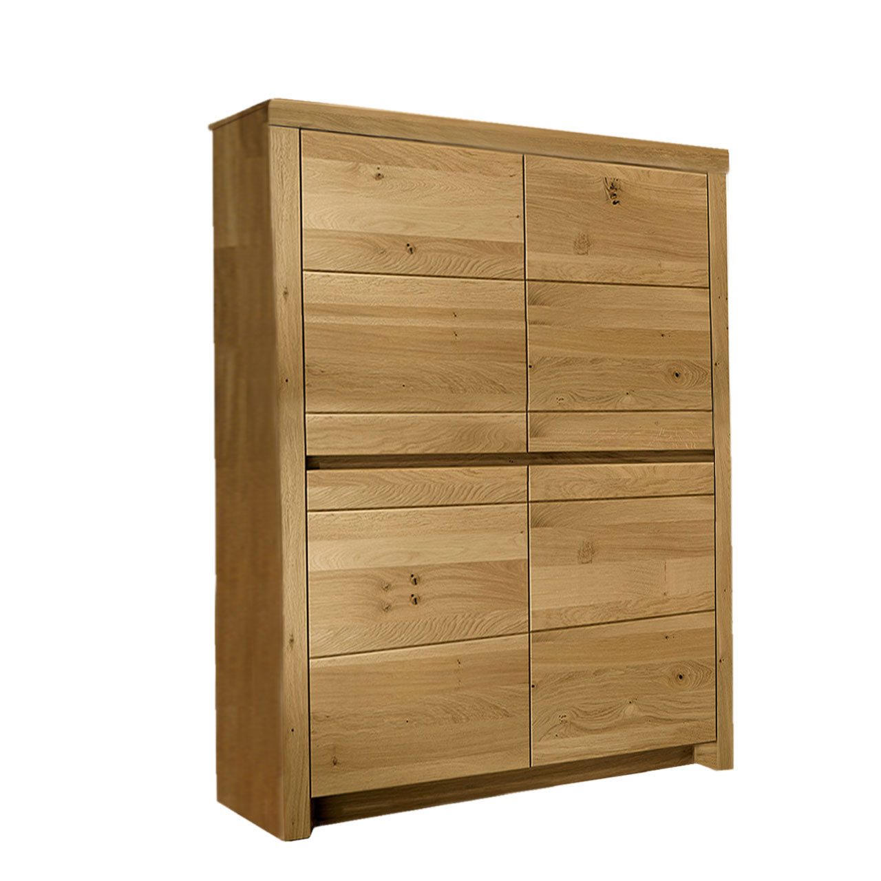 Soleo-3000-Zeilenschrank-4950-freigestellt-Wildeiche SOLEO 3000 Zeilenschrank Type 4950 in massiver Kernbuche, mit zwei unteren Holztüren und zwei oberen Türen. Hinter den Türen sind 6 Einlegeböden inklusive.