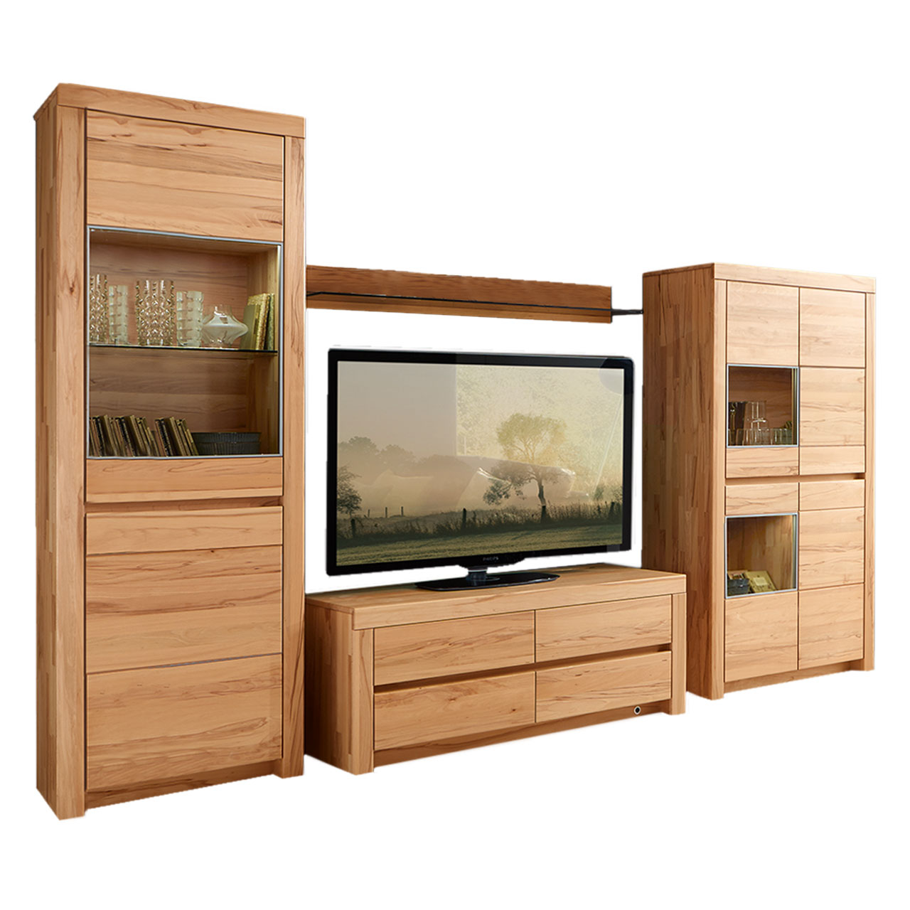 Soleo3000-Wohnkombi-Type-3004-Kernbuche SOLEO 3000 - Wohnwand 3004 in Kernbuche, bestehend aus einem Lowboard, Highboard mit zwei Vitrinenfächern und eine hohem Schrank ebenfalls mit zwei Vitrinenfächern im oberen Teil des Schrankes