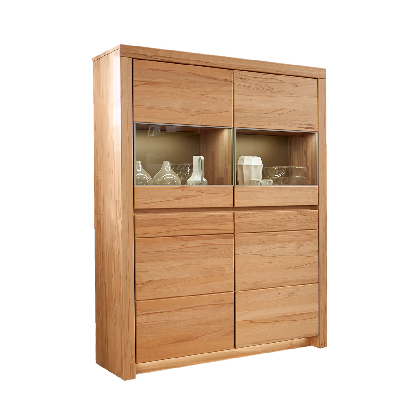 Soleo-3000-Zeilenschrank-4940-freigestellt-Kernbuche SOLEO 3000 Zeilenschrank Type 4940 in massiver Kernbuche, mit zwei unteren Holztüren und zwei oberen Türen mit Vitrinenfach nebeneinander angeordnet