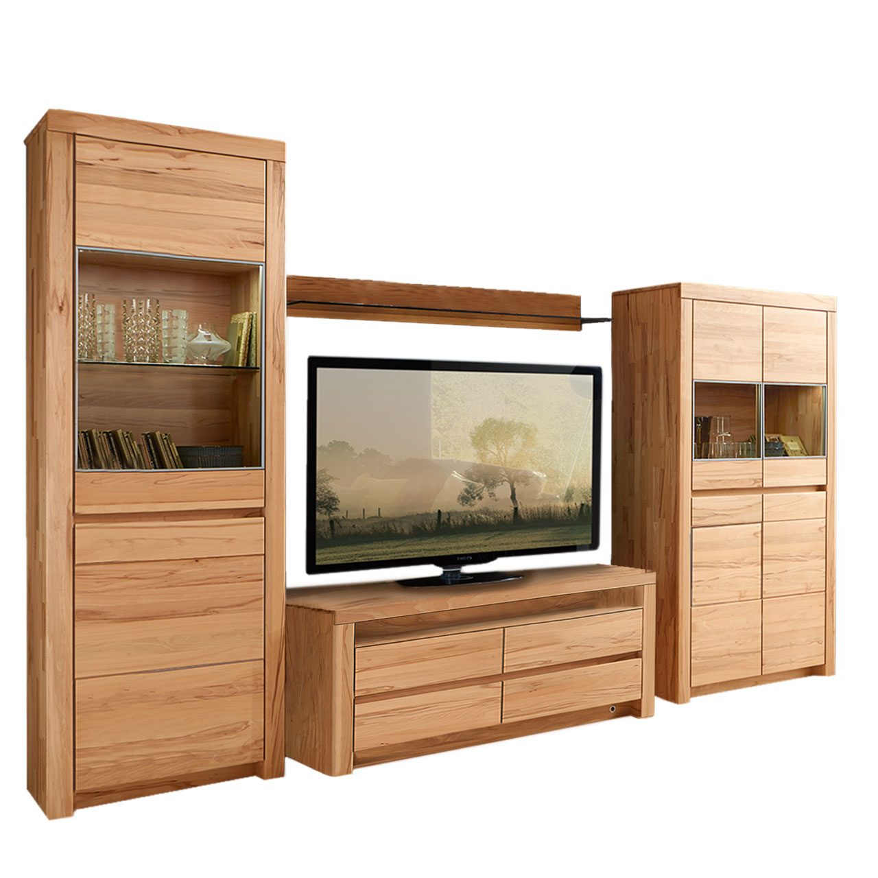 Soleo3000-Wohnkombi-Type-3005-Kernbuche SOLEO 3000 - Wohnwand 3005 in Kernbuche, bestehend aus einem Lowboard, Highboard mit zwei Vitrinenfächern und eine hohem Schrank ebenfalls mit zwei Vitrinenfächern im oberen Teil des Schrankes.