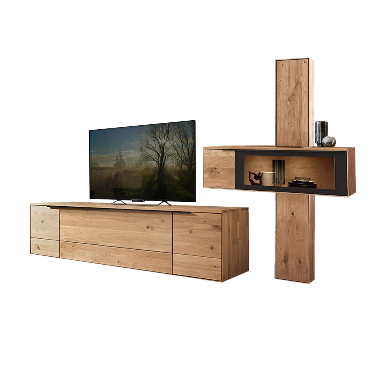 WM 1910 Wohnzimmer Type 0012G Wohnzimmer Type 0012G, aus 1 Hängeelement als Zweiteiler ein oberes und ein unteres Element mit Holztüren, kombiniert mit 1 querliegende Hängevitrine und einem Lowboard.