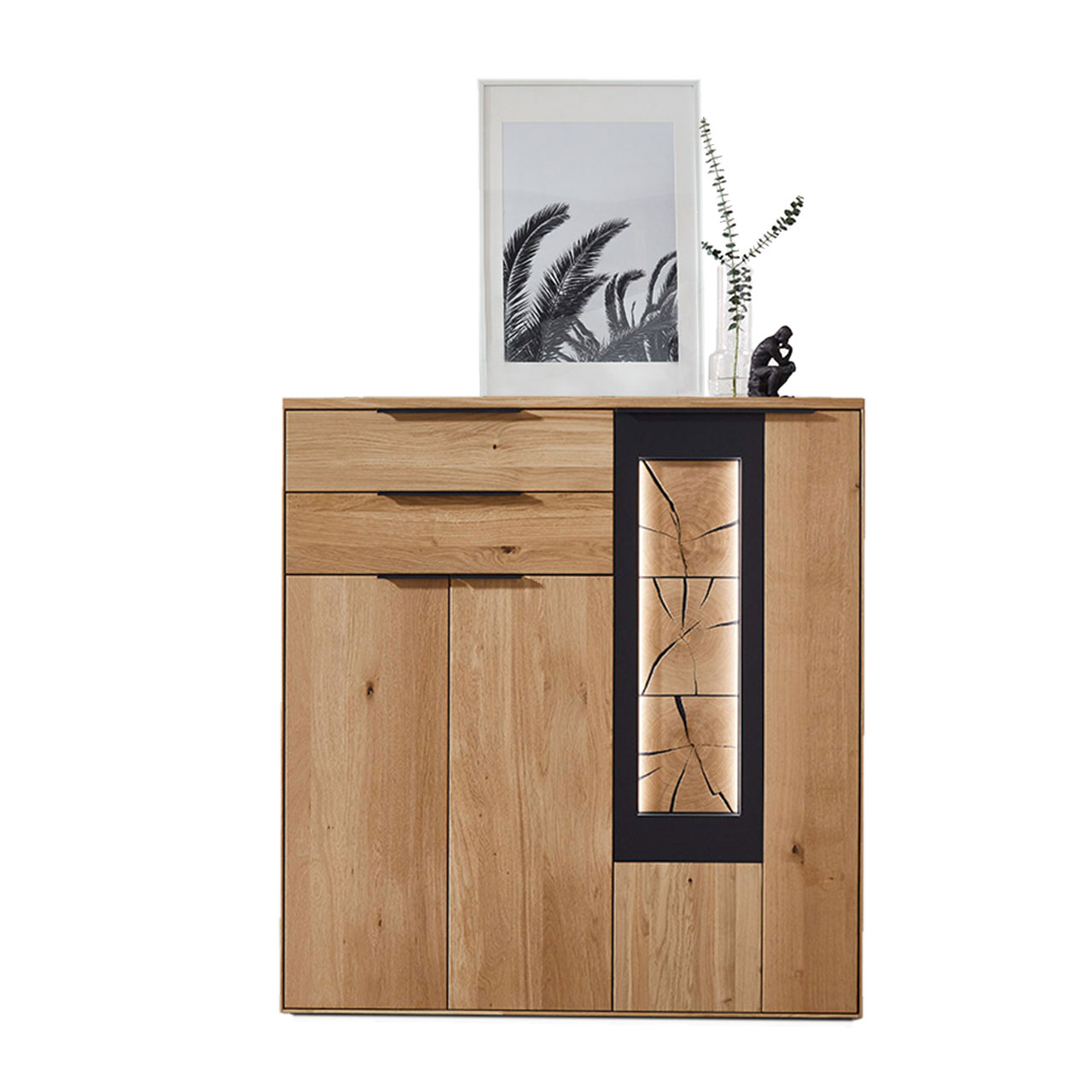 WM-1910-Highboard-4253 Modernes Highboard aus Wildeiche mit rechtem abgesetzten Akzent mit carbonfarbigen Metallrahmen und Hirnholz.