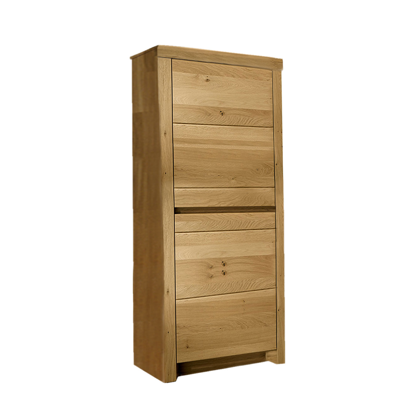 Soleo-3000-Zeilenschrank-47534-freigestellt-Wildeiche SOLEO 3000 schmaler Zeilenschrank Type 4753 in massiver Wildeiche, mit zwei Holztüren, untereinander angelegt, es sind 3 Einlegeböden inklusive.