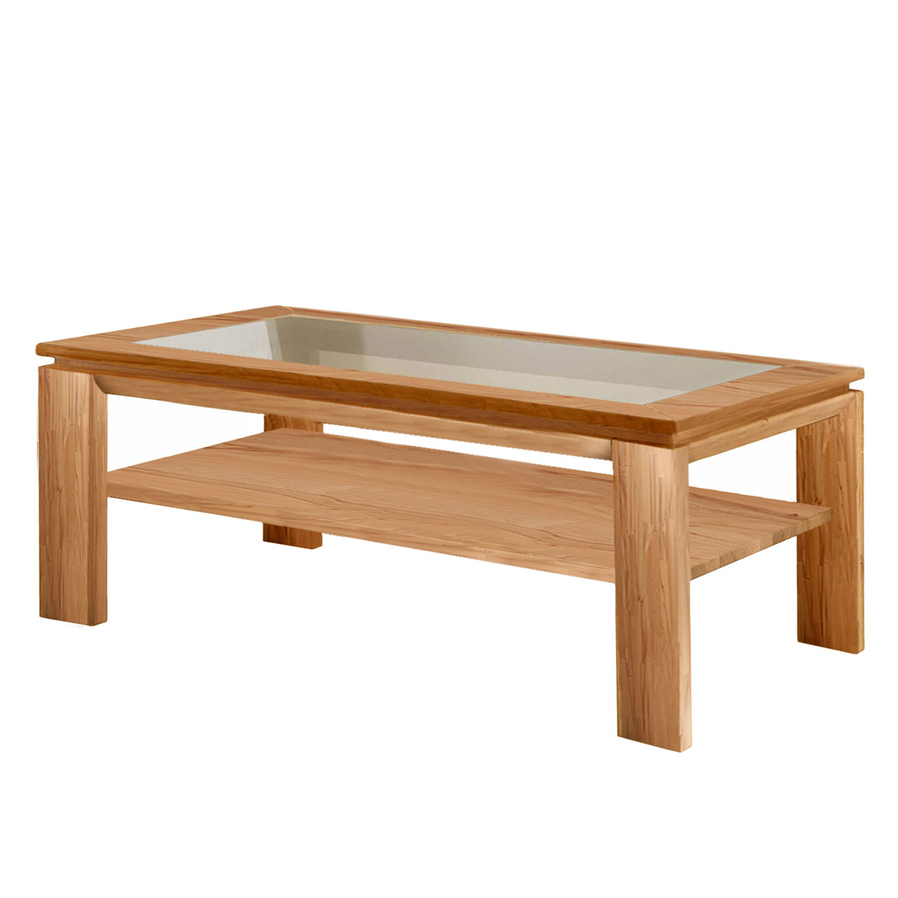 Soleo 3000 Couchtisch Type 9522 KERNBUCHE SOLEO 3000 Holz Couchtisch mit mittig eingesetzten Glas, rechteckig mit einer Holzablage unter der oberen Ablage, in Kernbuche.
