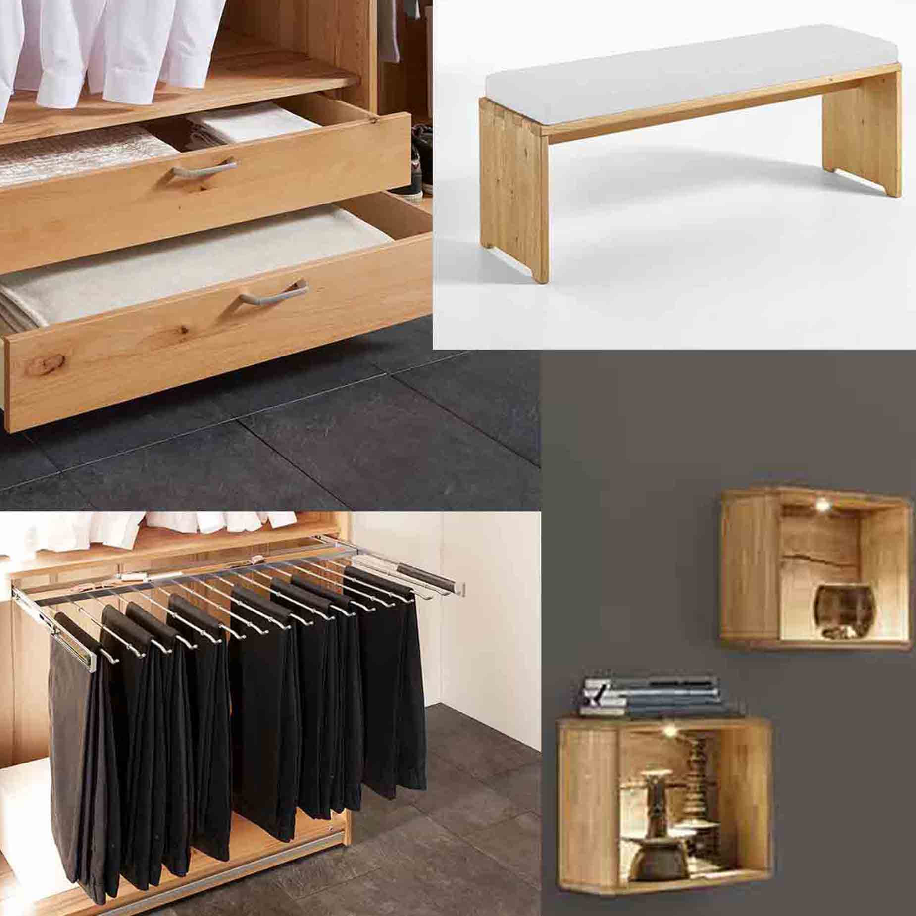 Machen Sie Ihr Schlafzimmer vollständig, dank unseres Konfigurator, können Sie Beimöbel und Innenausstattung für den Kleiderschrank ergänzen.