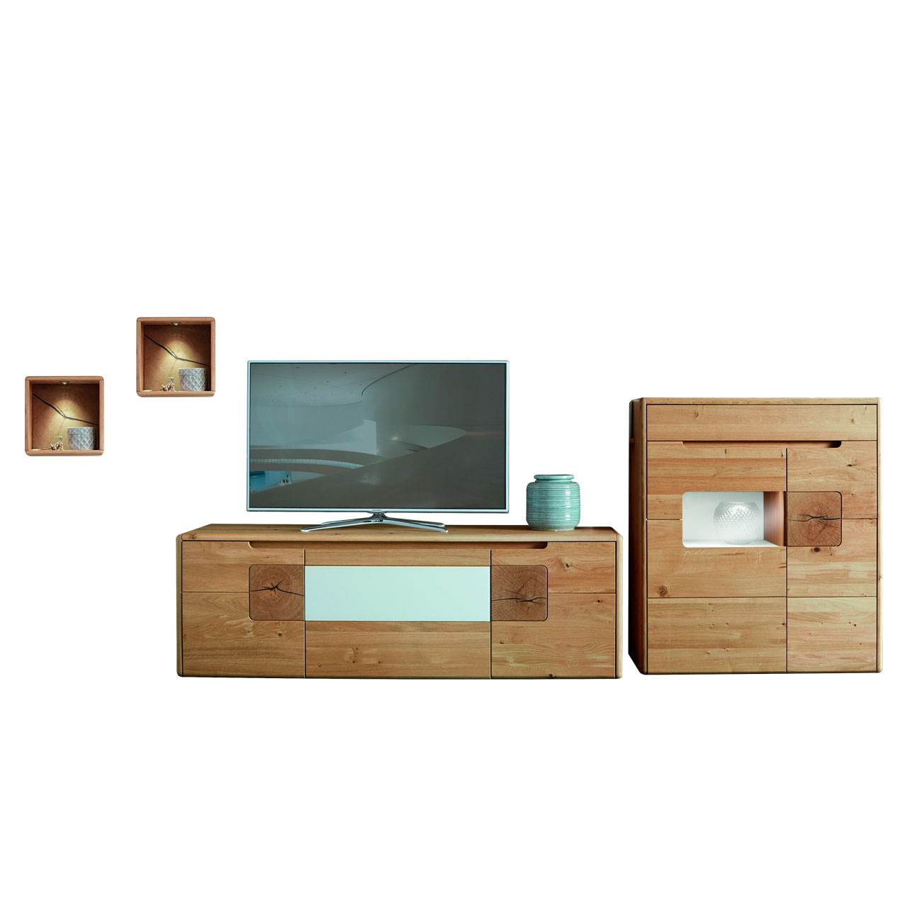 WM-solento-kombination-type-0106-2 SOLENTO - 4-teilige Wohnwand Type 0106 mit Hirnholz und Magnolie Akzent, ein Lowboard, zwei Hängekästen und einem Highboard mit Vitrinenfach.