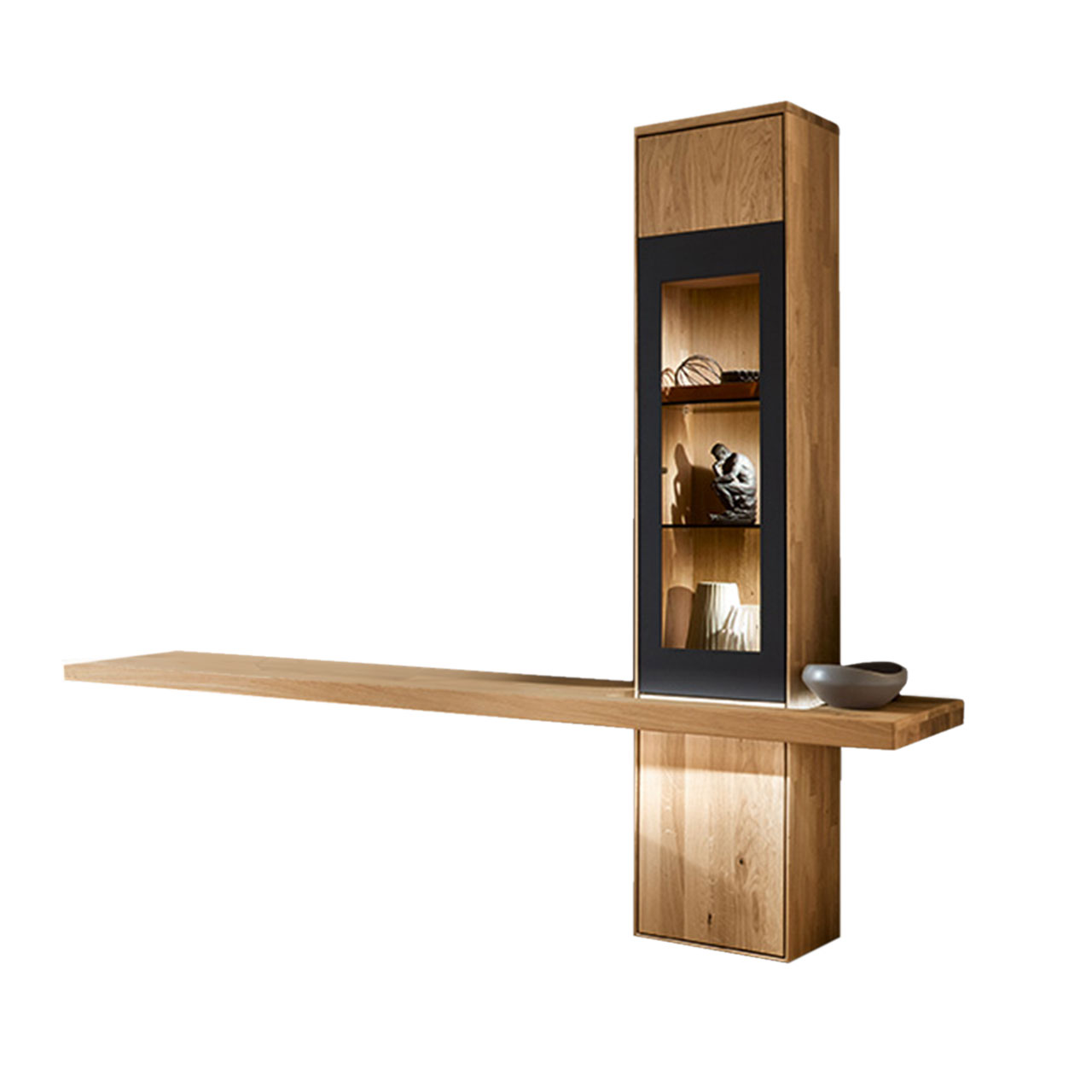 WM1910-Hängelement-Type-11523 TV-Hängeelement Type 11523 als Vitrine und einem mittig angebrachten Board für den Fernseher.