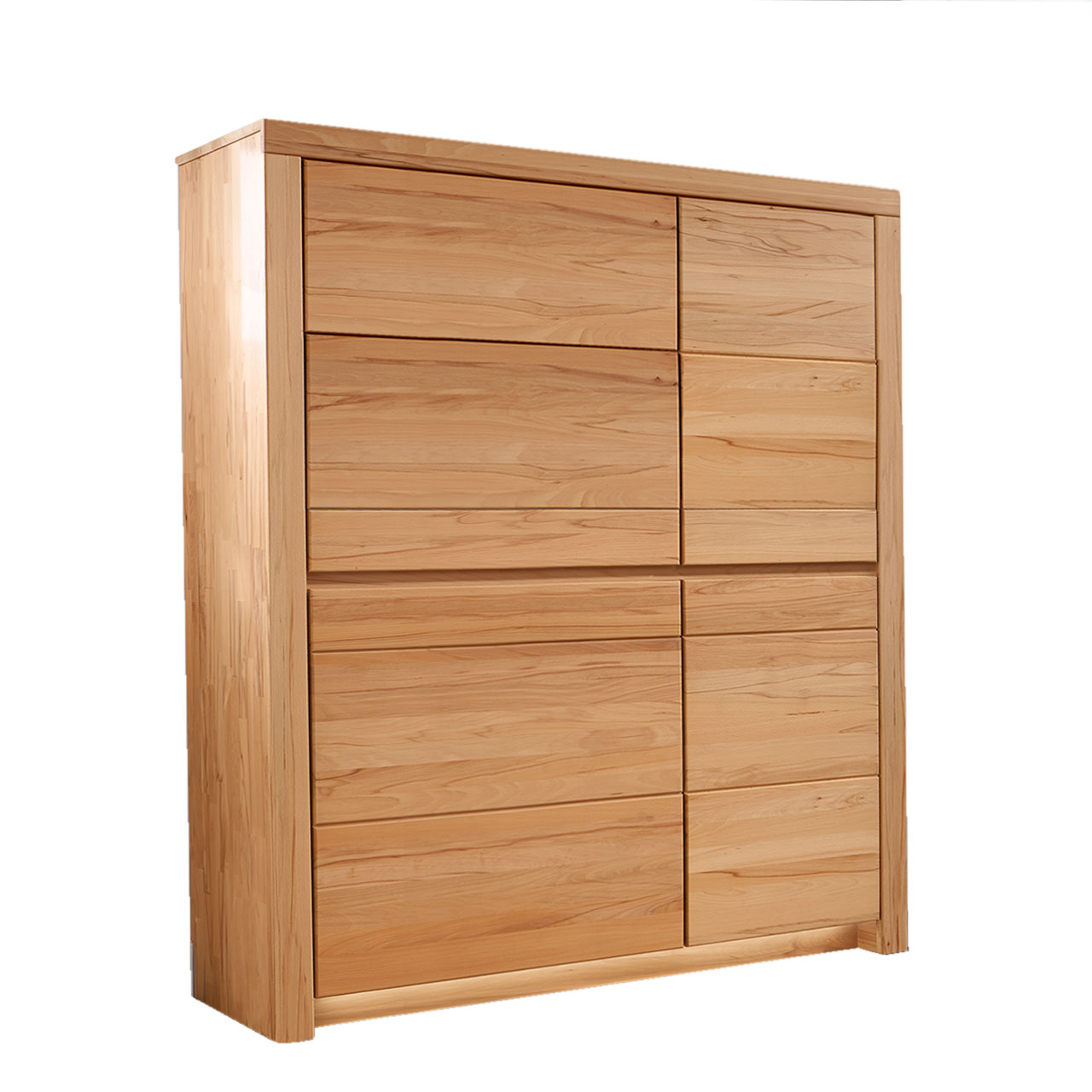 Soleo-3000-Zeilenschrank-4153-freigestellt-Kernbuche SOLEO 3000 Zeilenschrank Type 4153 in massiver Kernbuche, mit zwei breiten Holztüren und zwei schalen Türen. Hinter den Türen sind 6 Einlegeböden inklusive.