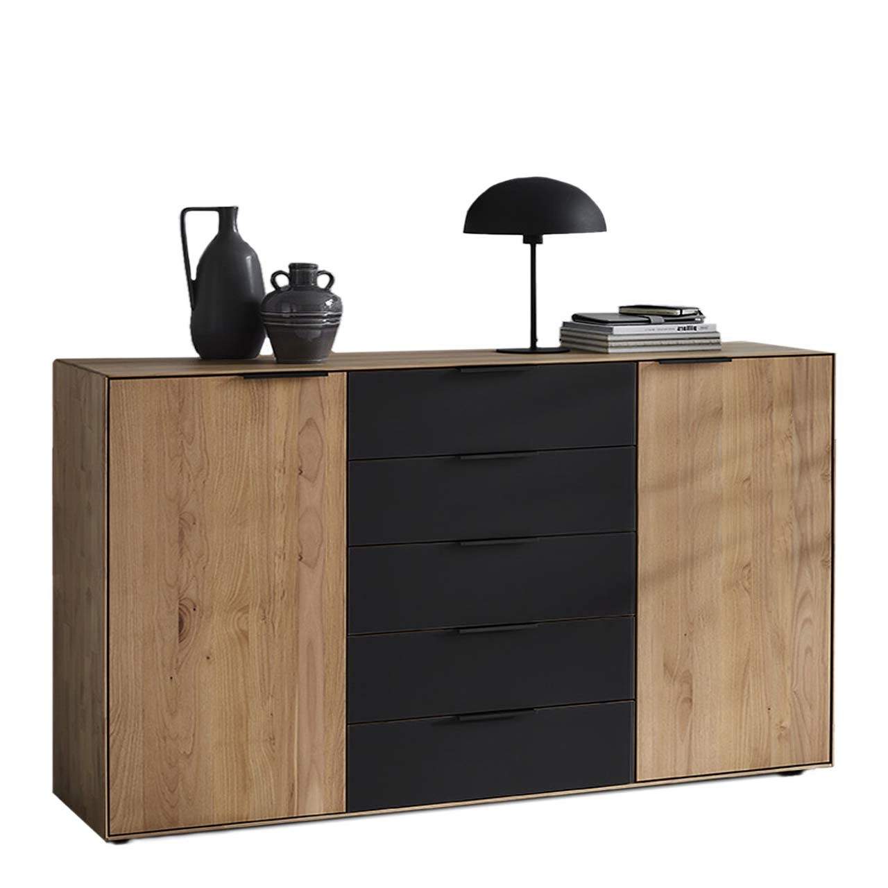 WSM 4400 Kommode mit fünf Schubkästen und 2 Türen in Wildeiche und Glas Akzent an allen Schublade Type 3180MG1