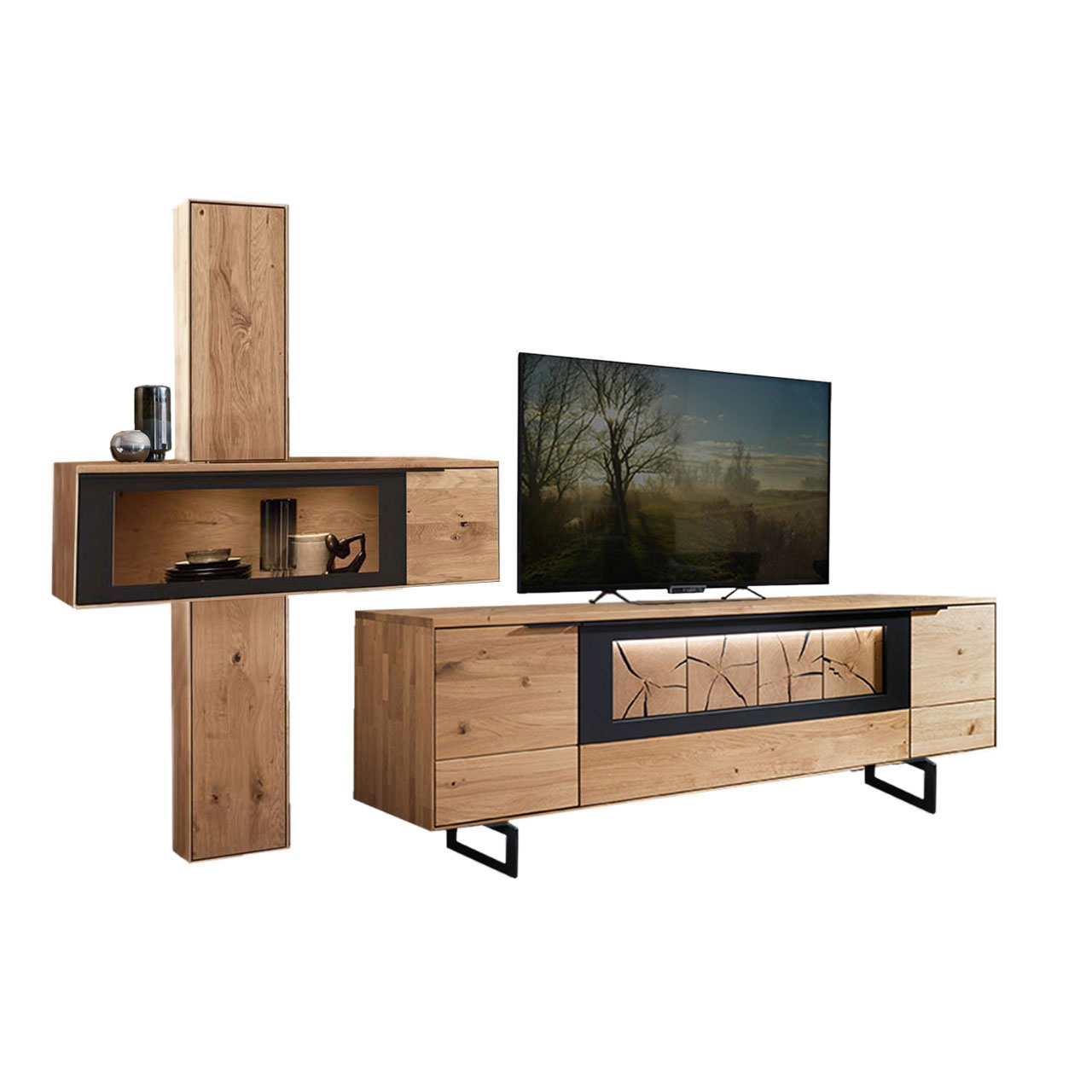 Wohnzimmer Type 0111F, aus 1 Hängeelement als Zweiteiler ein oberes und ein unteres Element mit Holztüren, kombiniert mit 1 querliegende Hängevitrine  und einem Lowboard mit Hirnholz Akzent mit Kufen.