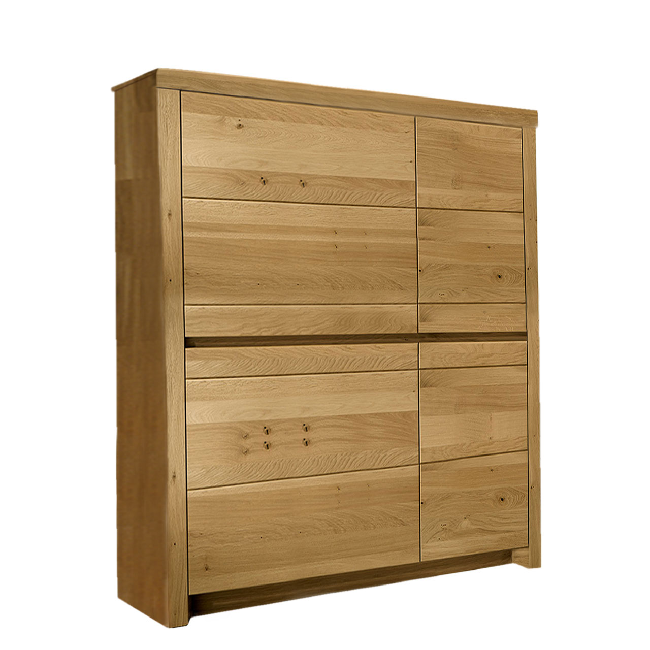 Soleo-3000-Zeilenschrank-4153-freigestellt-Wildeiche SOLEO 3000 Zeilenschrank Type 4153 in massiver Wildeiche, mit zwei breitenHolztüren und zwei schalen Türen. Hinter den Türen sind 6 Einlegeböden inklusive.