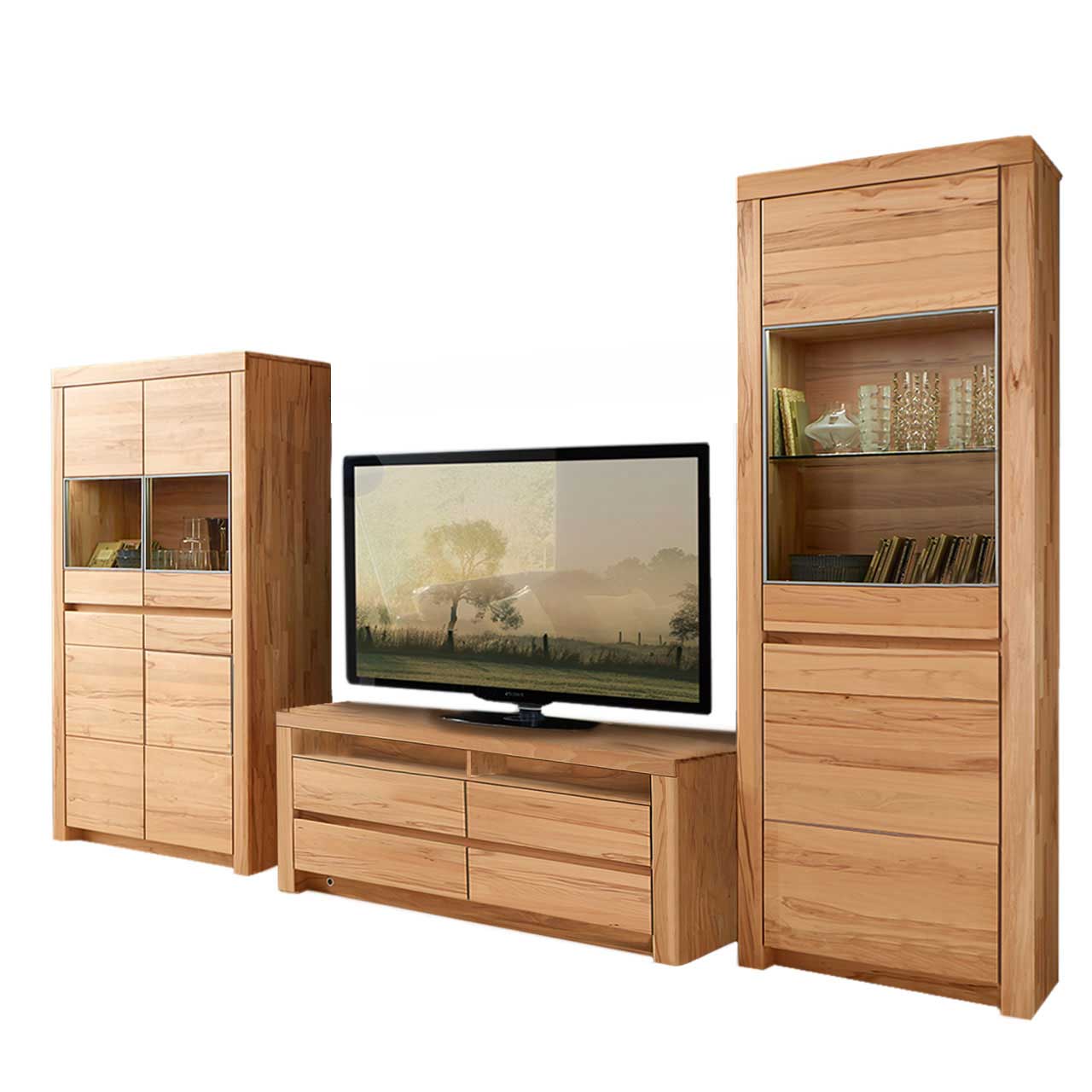 Soleo 3000 Wohnwand 3011 KERNBUCHE SOLEO 3000 - Wohnwand 3011 in Kernbuche, bestehend aus einem Lowboard, Highboard mit zwei Vitrinenfächern und eine hohem Schrank ebenfalls mit zwei Vitrinenfächern im oberen Teil des Schrankes.