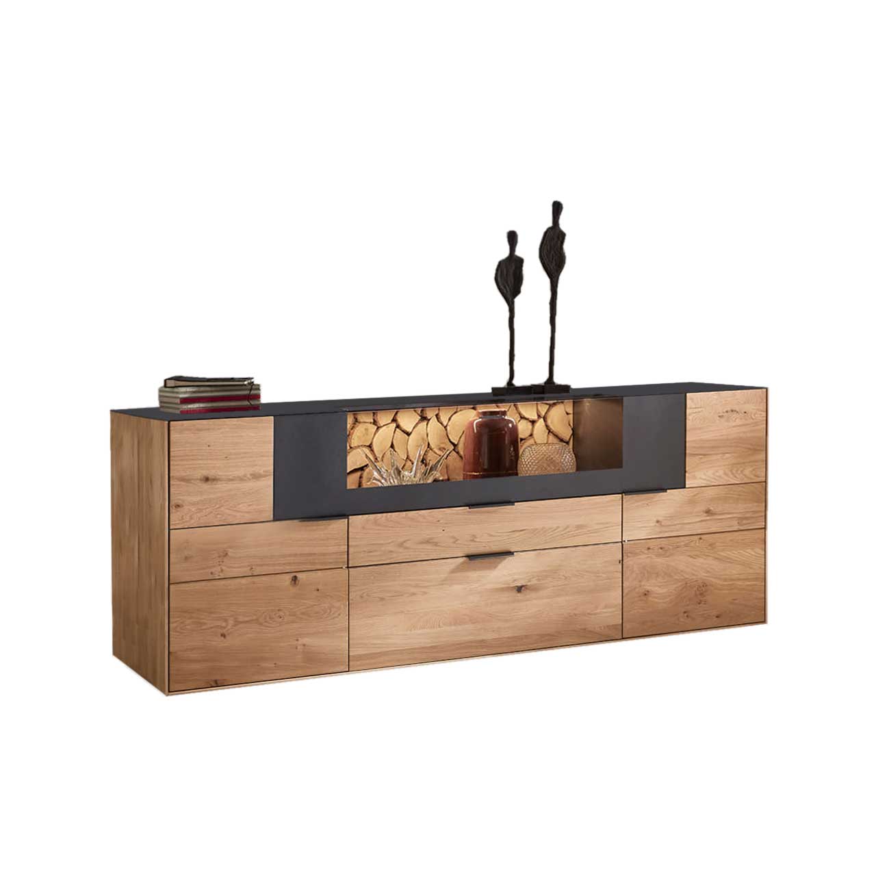 WM-2140-SIDEboard-2040-1freisteller WM 2140 - Sideboard 2040 mit eindrucksvollen Vitrinen Ausschnitt, mittig im oberen Bereich nach oben zu öffnen,Rückwand in Spaltholz Akzent und LED Beleuchtung.