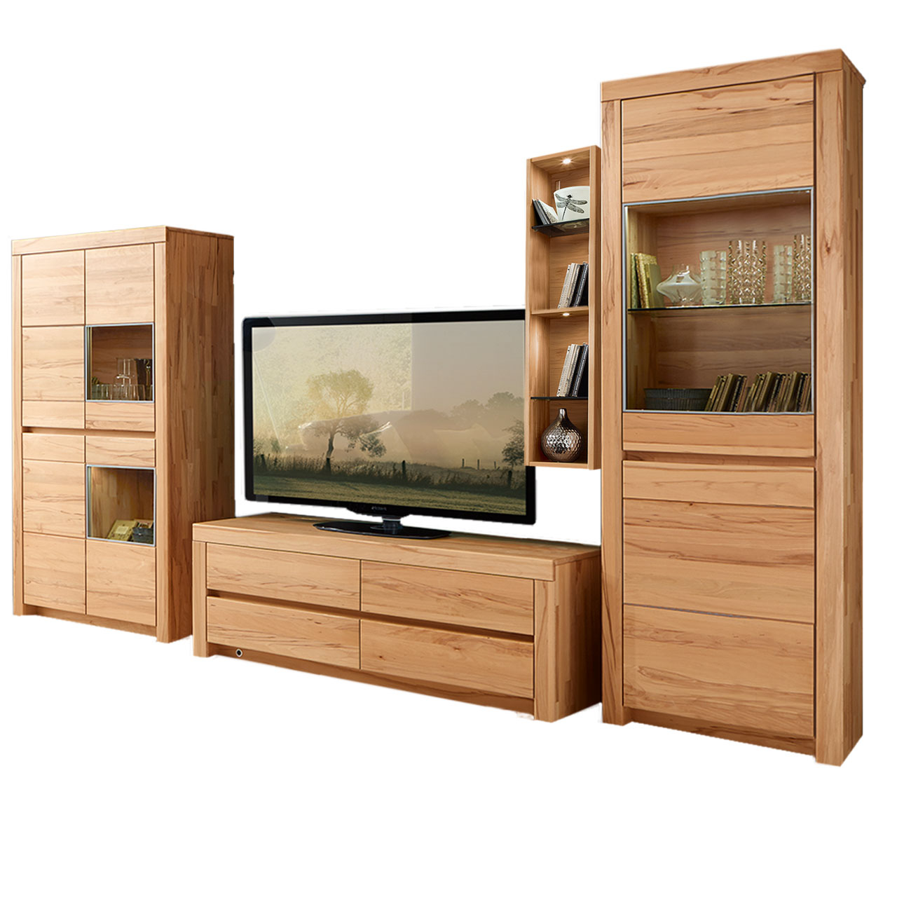 Soleo3000-Wohnkombi-Type-3002-Kernbuche SOLEO 3000 - Wohnwand 3002 in Kernbuche, bestehend aus einem Lowboard, Highboard mit zwei Vitrinenfächern und eine hohem Schrank ebenfalls mit einem Vitrinenfach im oberen Teil des Schrankes.