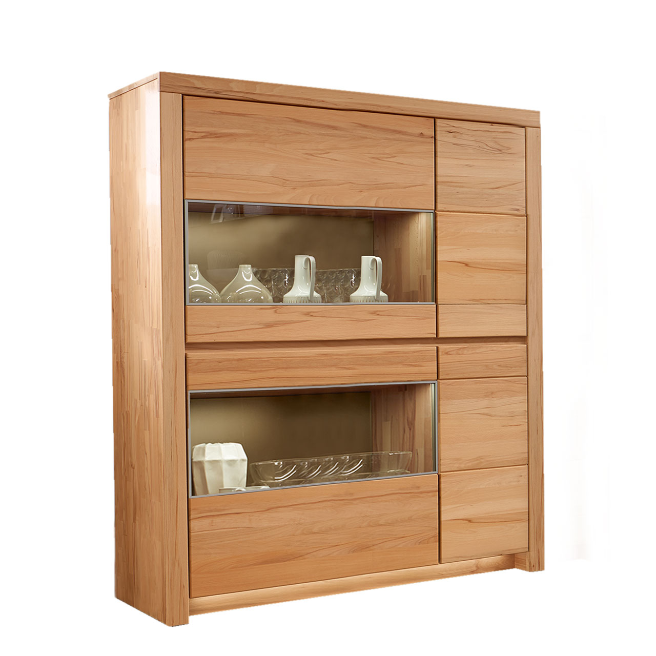 Soleo-3000-Zeilenschrank-4103-freigestellt-Kernbuche SOLEO 3000 Zeilenschrank Type 4103 in massiver Kernbuche, mit zwei schalen Holztüren und zwei breiten Türen mit Vitrinenfach untereinander angeordnet.