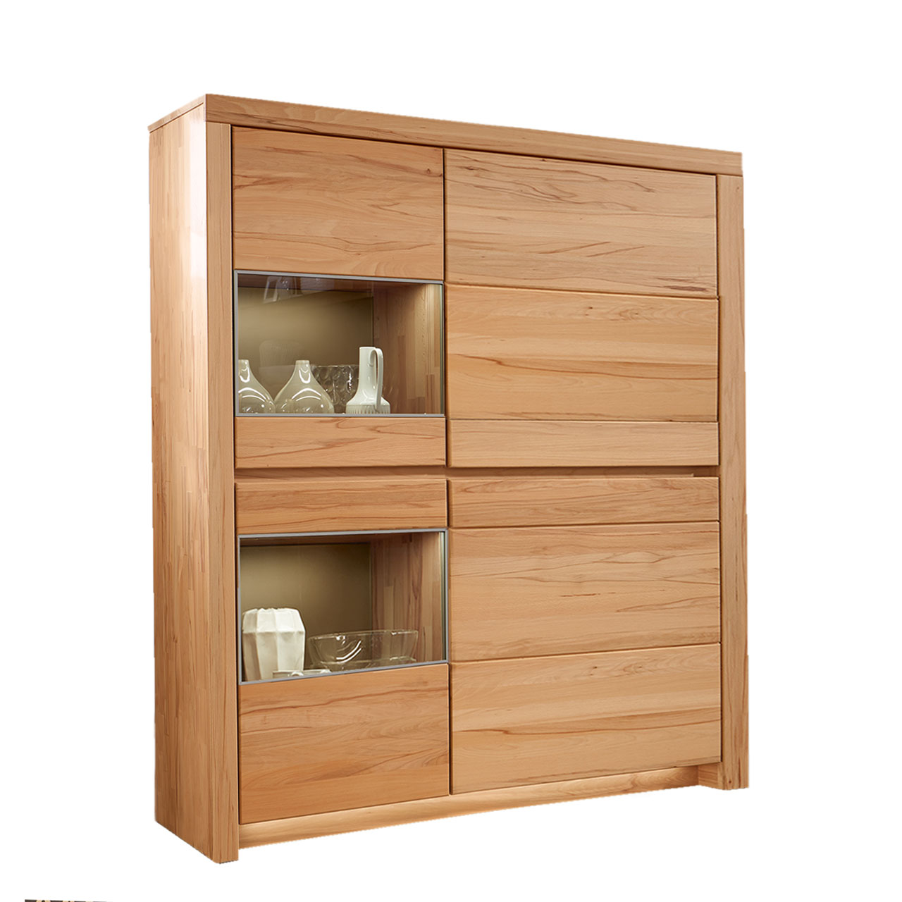 Soleo-3000-Zeilenschrank-4123-freigestellt-Kernbuche SOLEO 3000 Zeilenschrank Type 4123 in massiver Kernbuche, mit zwei breiten Holztüren und zwei schalen Türen mit Vitrinenfach untereinander angeordnet.
