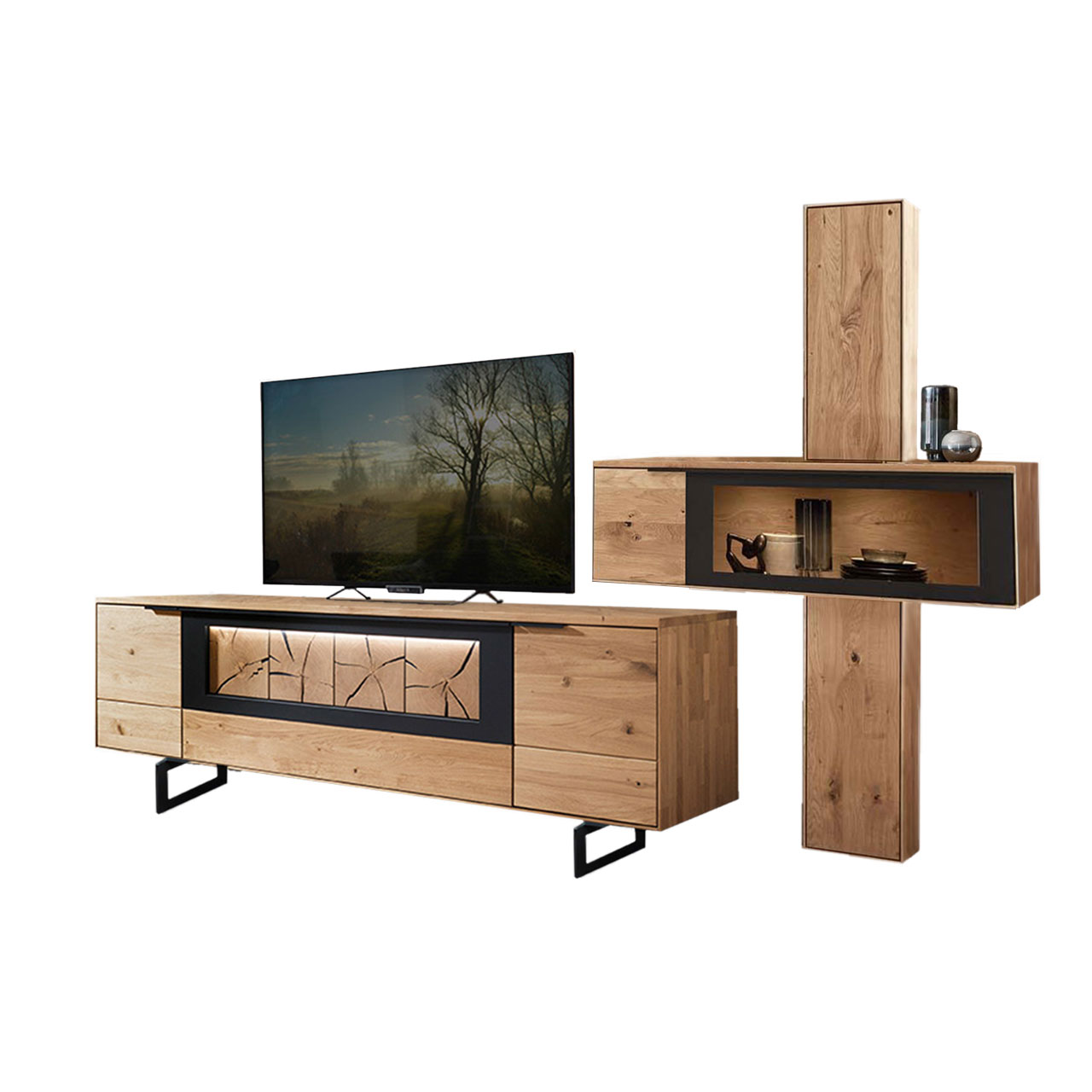 WM 1910 Wohnzimmer Type 0011F Wohnzimmer Type 0011F, aus 1 Hängeelement als Zweiteiler ein oberes und ein unteres Element mit Holztüren, kombiniert mit 1 querliegende Hängevitrine und einem Lowboard mit Hirnholz Akzent mit Kufen.