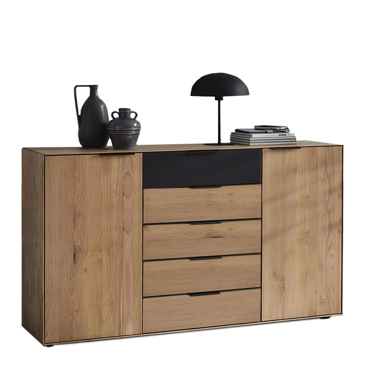 WSM 4400 Kommode mit fünf Schubkästen und 2 Türen in Wildeiche und Glas Akzent an der oberen Schublade Type 3180MG1