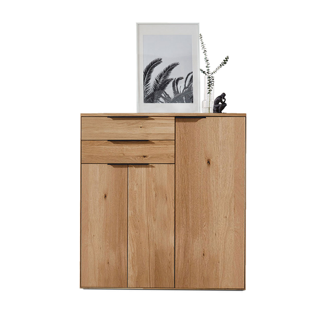 WM-1910-Highboard-4263 Modernes Highboard aus Wildeiche mit zwei Holztüren und zwei Schubkästen.